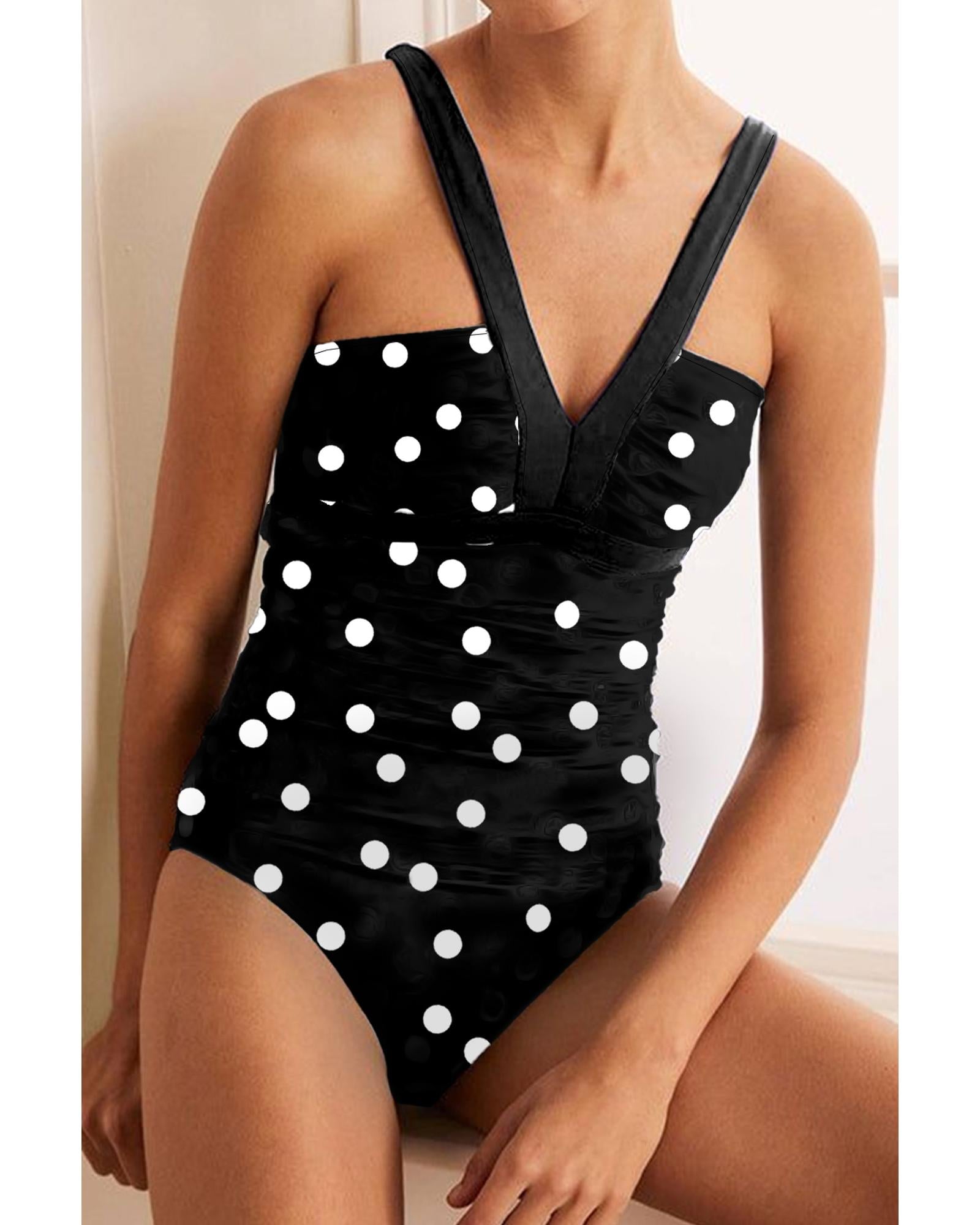 Black Polka Dot Print V Neck Tankini Set - 2XL 7