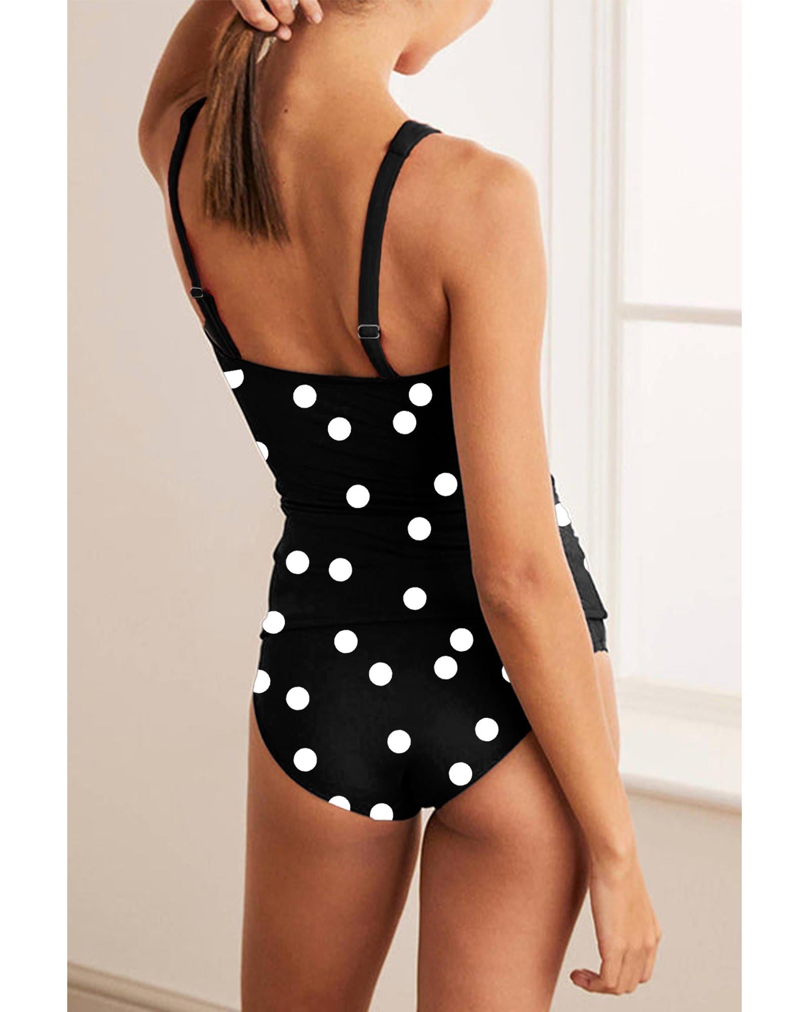 Black Polka Dot Print V Neck Tankini Set - 2XL 8