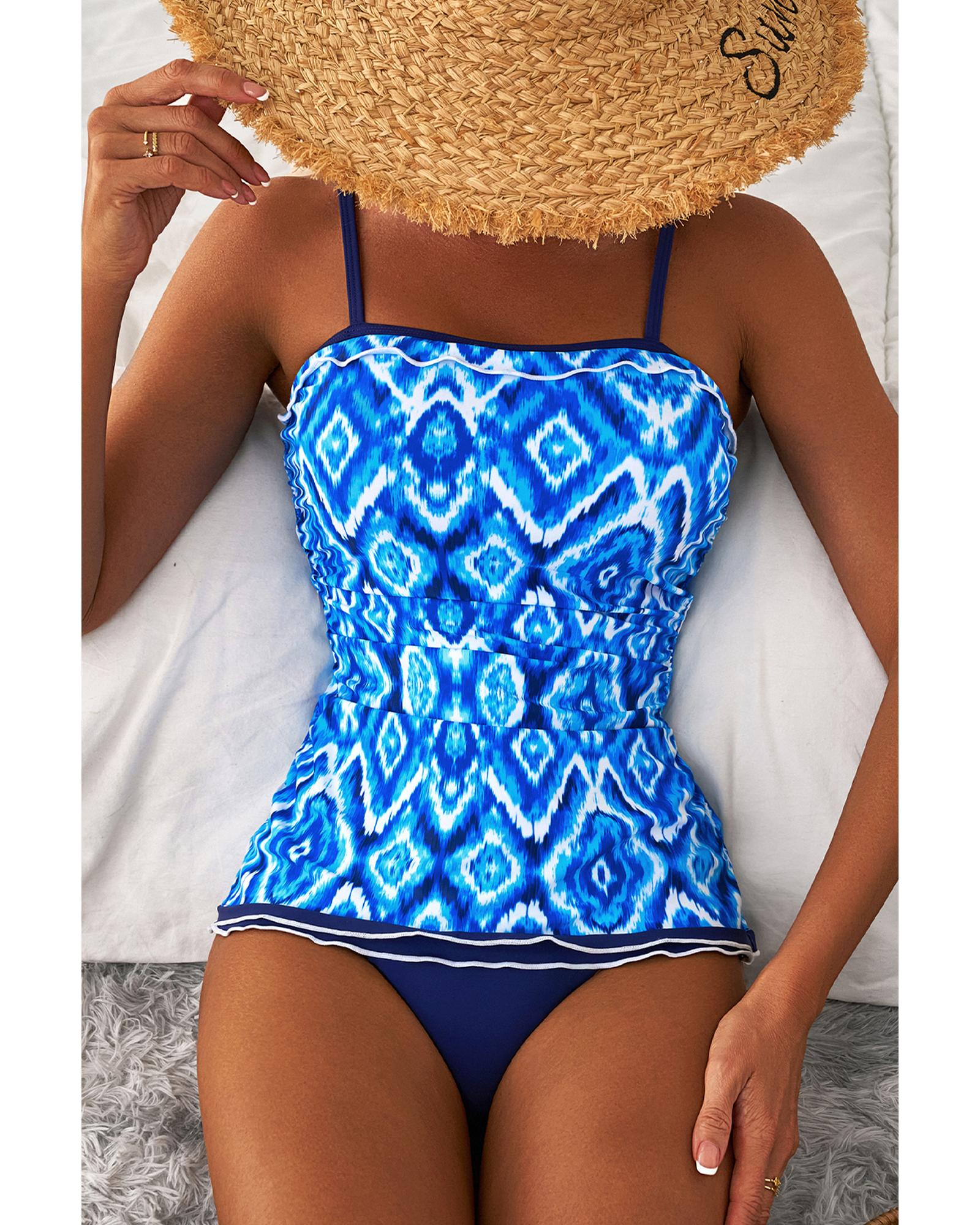 Navy Blue Abstract Print Frilled Trim Spaghetti Straps Tankini Set - L 6