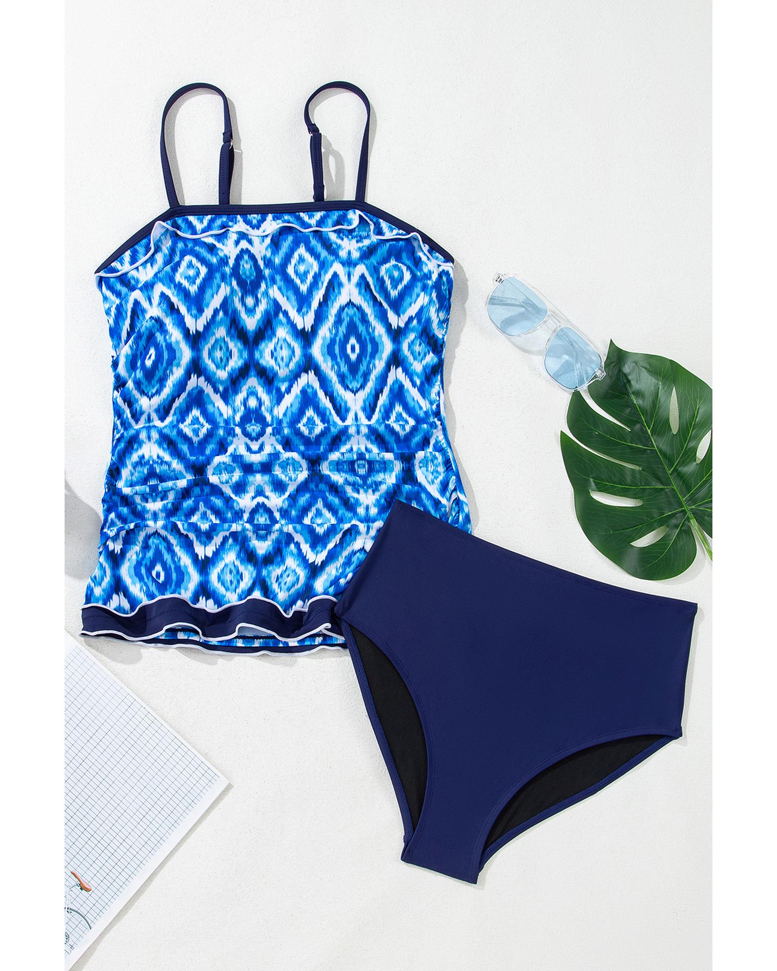 Navy Blue Abstract Print Frilled Trim Spaghetti Straps Tankini Set - L 7