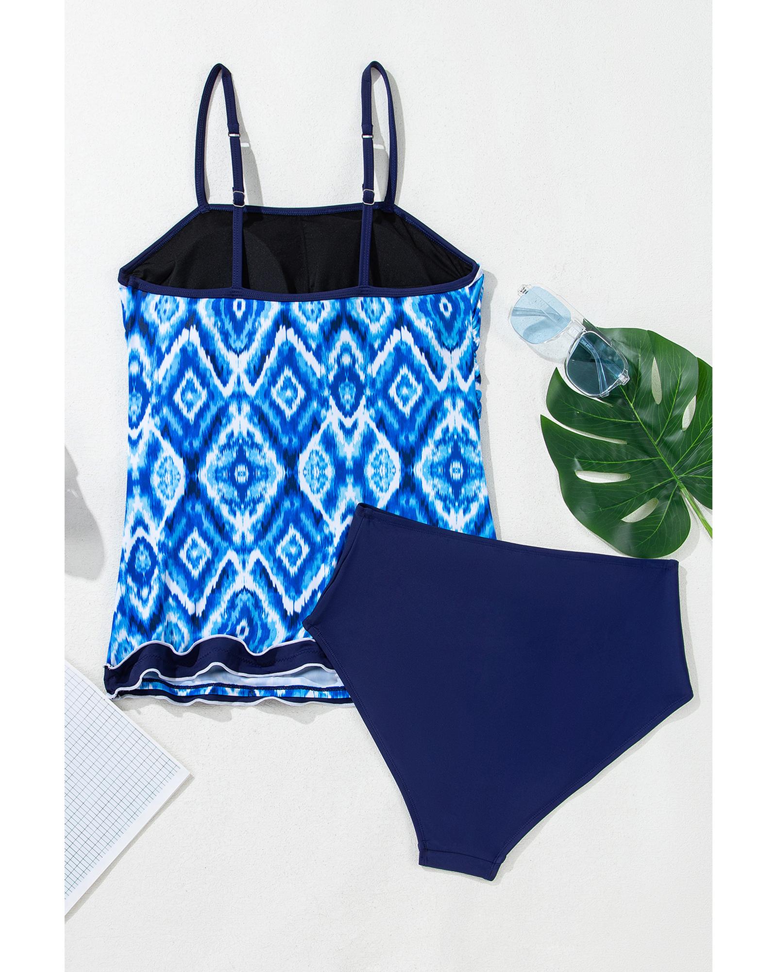 Navy Blue Abstract Print Frilled Trim Spaghetti Straps Tankini Set - L 8