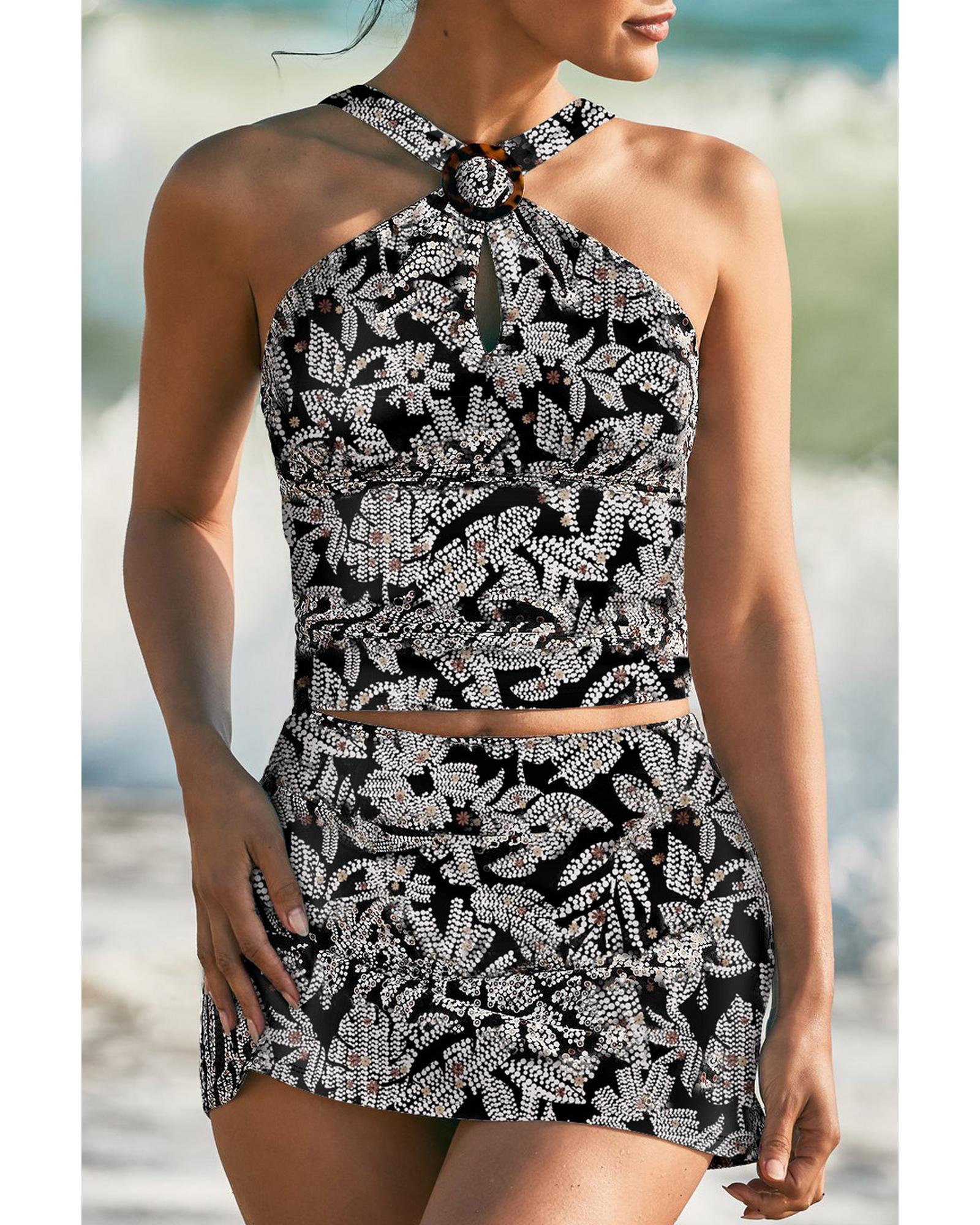 Black Abstract Printed Buckle Crossed Straps Skirted Tankini 2pcs Swimsuit - M 8