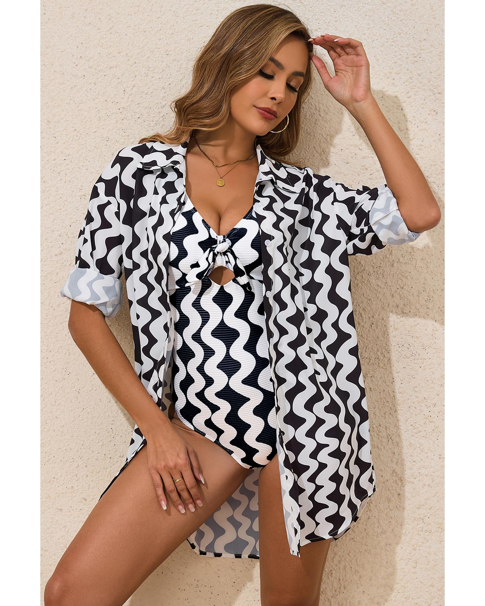 Black Stripe Print Loose Fit Open Front Beach Cover Up - L 7