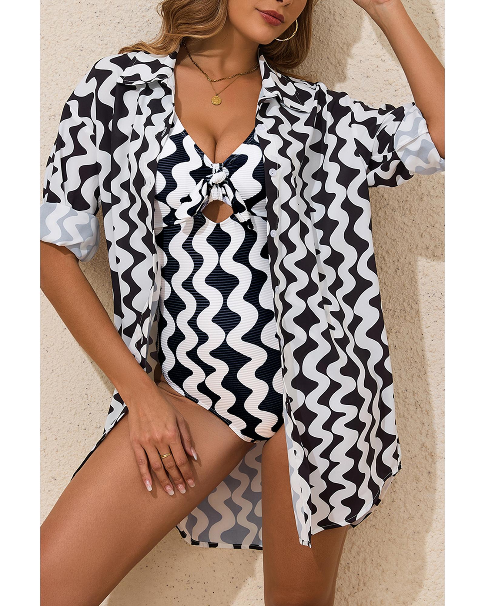 Black Stripe Print Loose Fit Open Front Beach Cover Up - XL 5