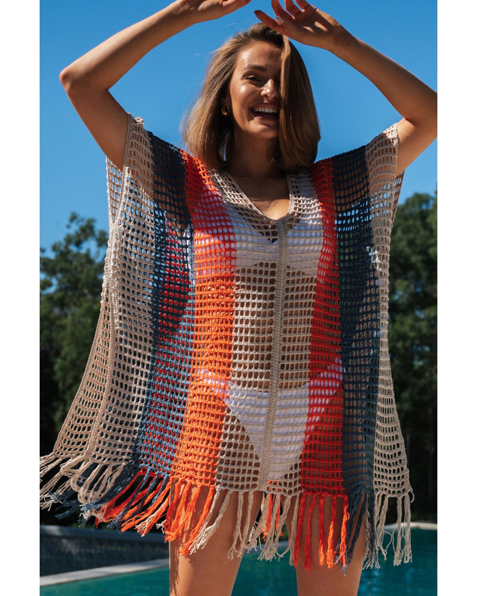 Multicolor Striped Tassel Crochet V Neck Beach Cover Up - L 3