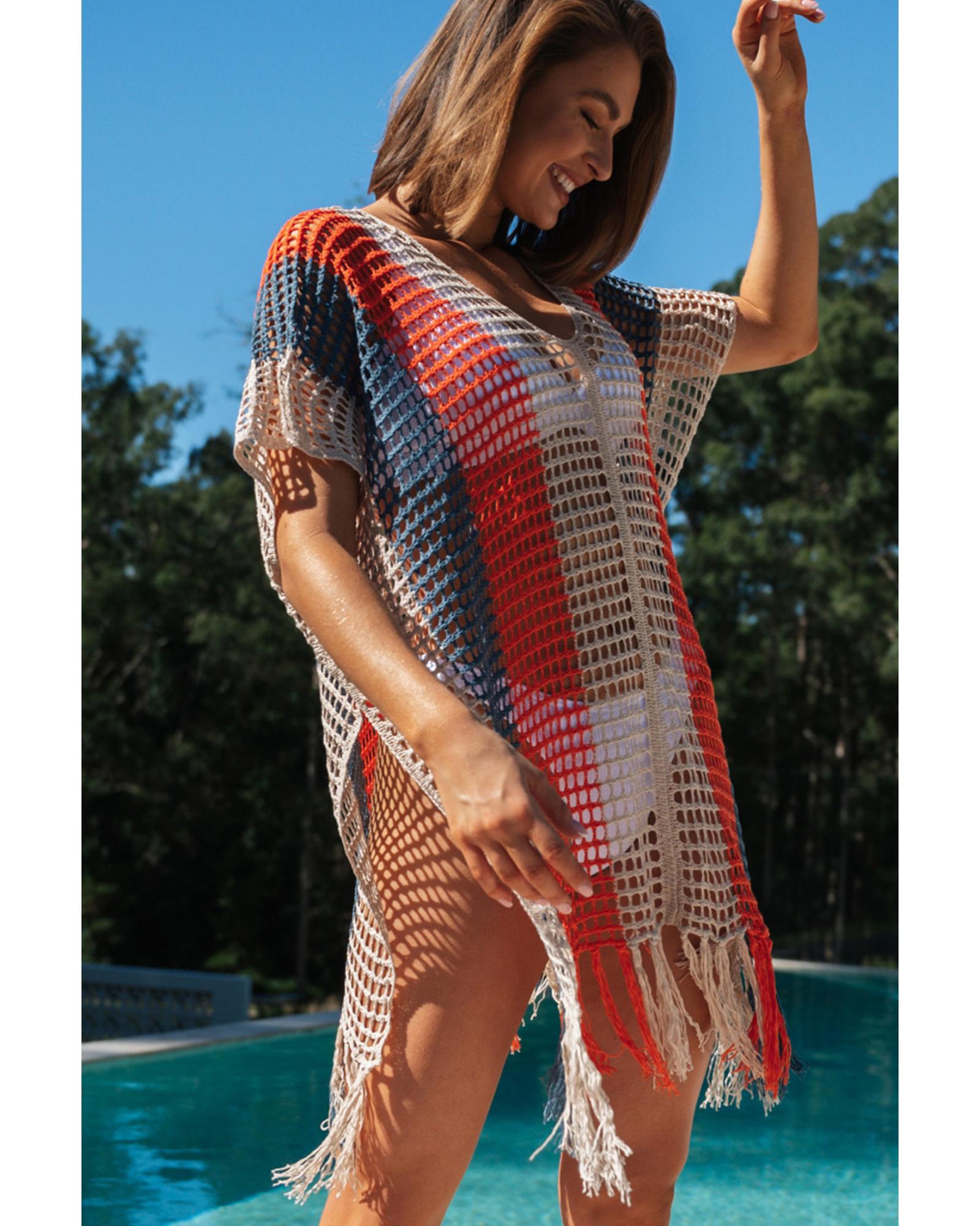 Multicolor Striped Tassel Crochet V Neck Beach Cover Up - L 4