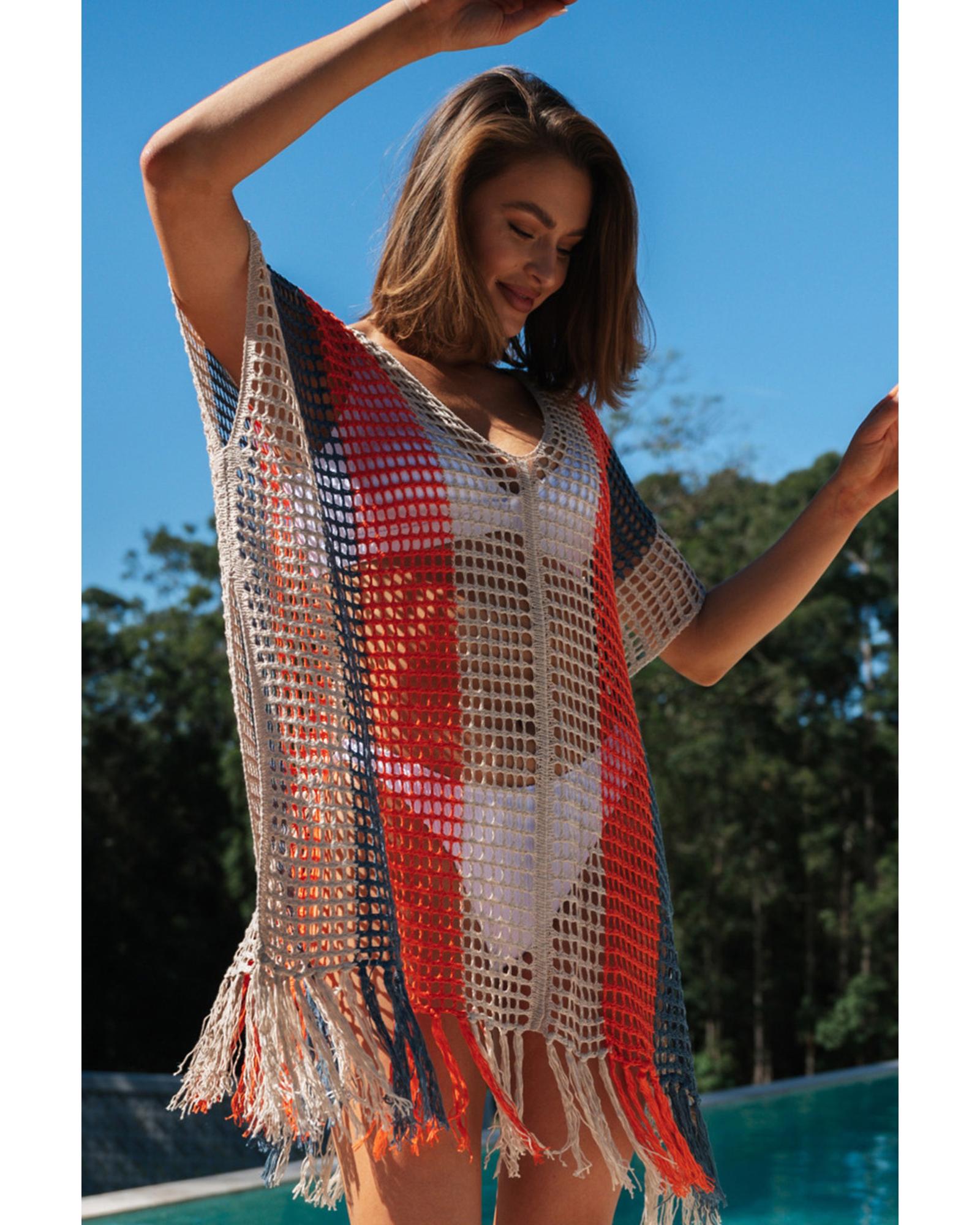 Multicolor Striped Tassel Crochet V Neck Beach Cover Up - L 5