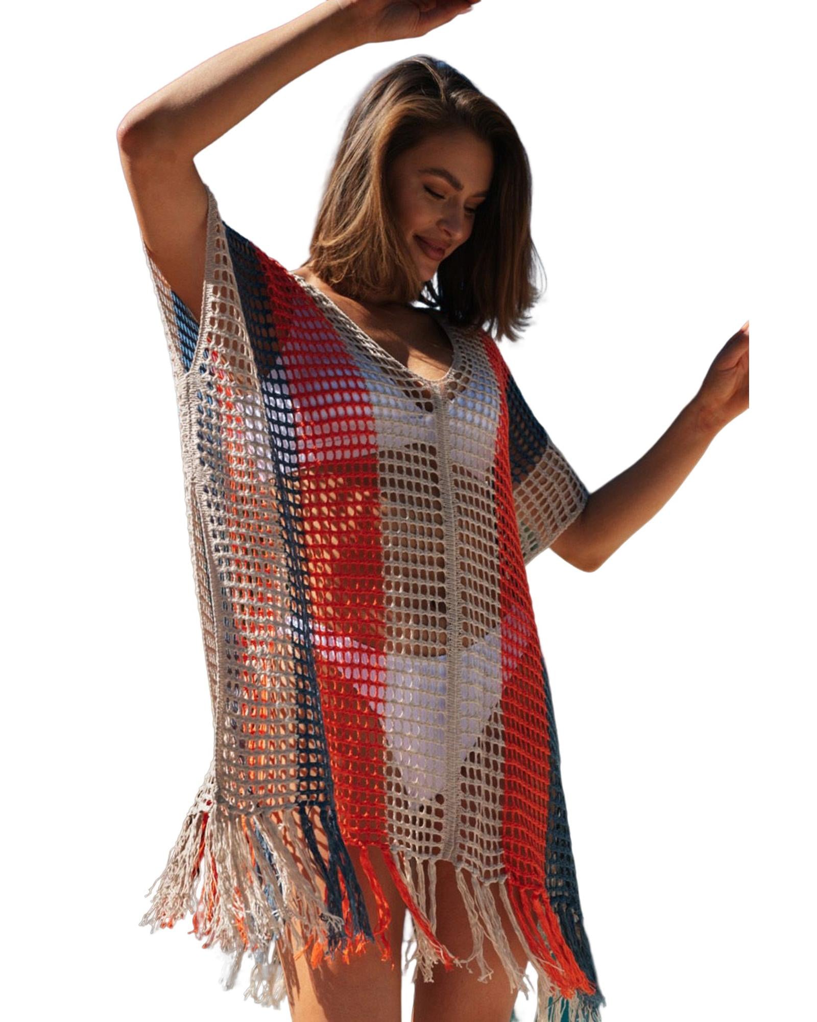 Multicolor Striped Tassel Crochet V Neck Beach Cover Up - L 6