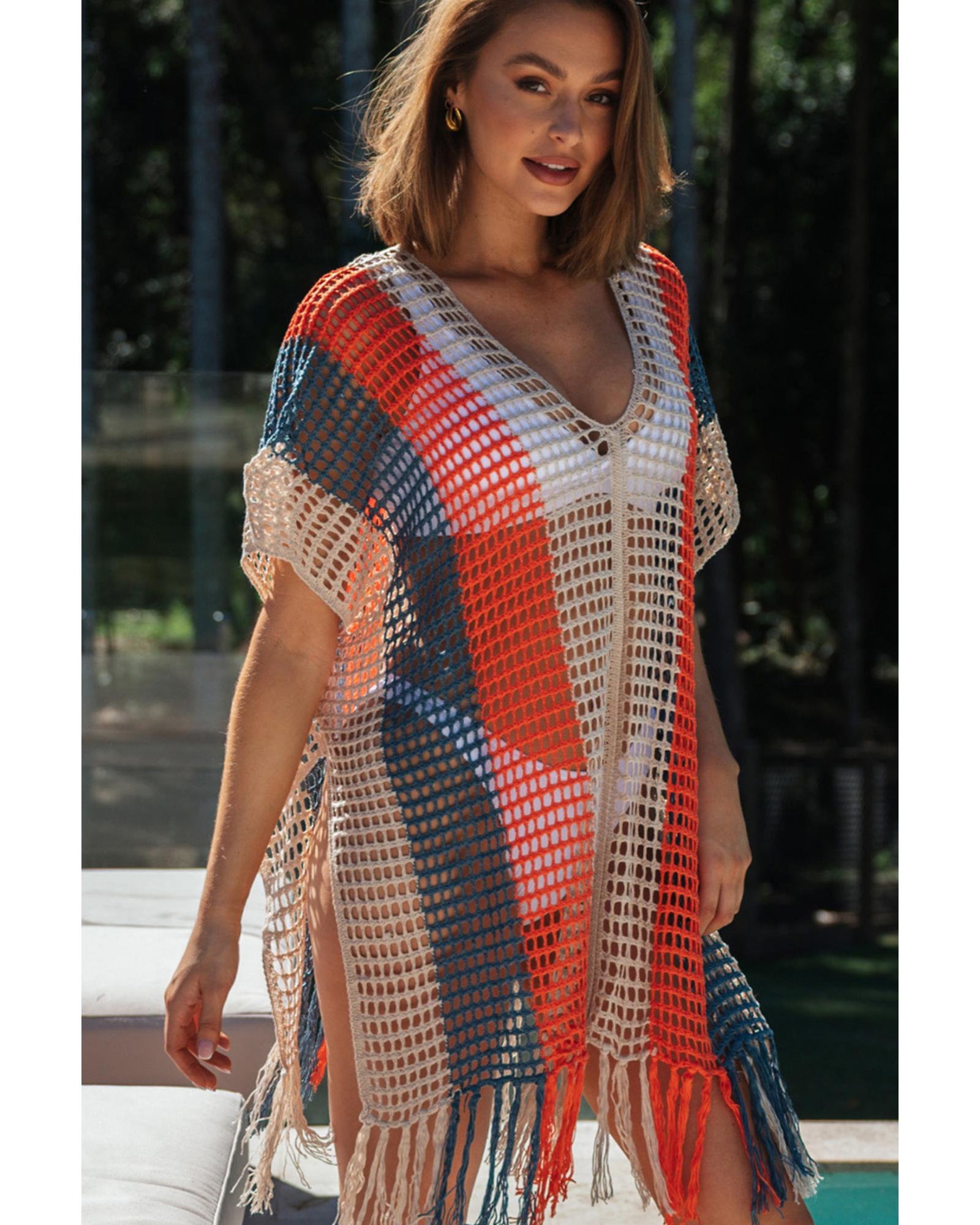 Multicolor Striped Tassel Crochet V Neck Beach Cover Up - M 7