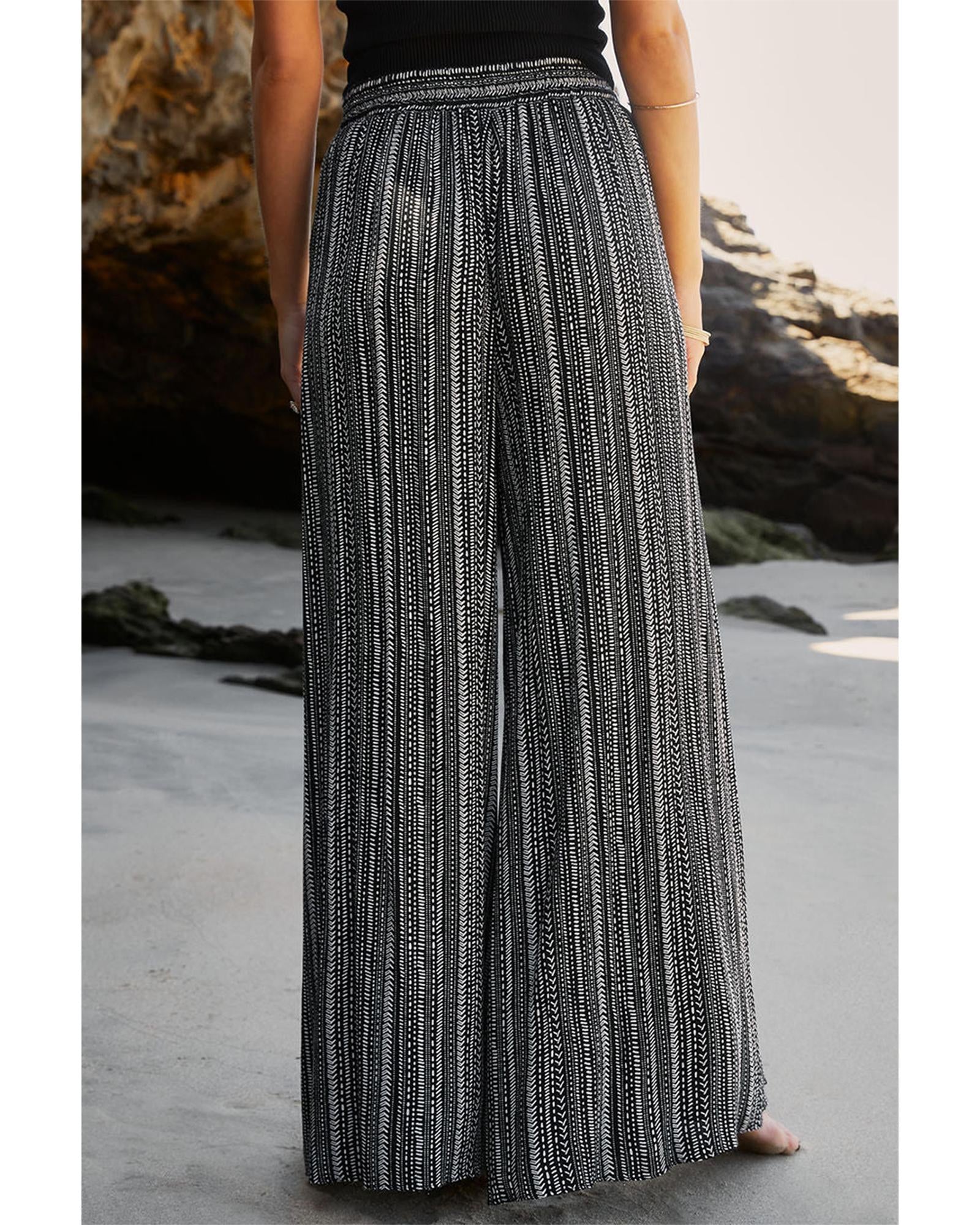 Black Printed Striped Printed Slit Wide Leg High Waist Pants - L 3