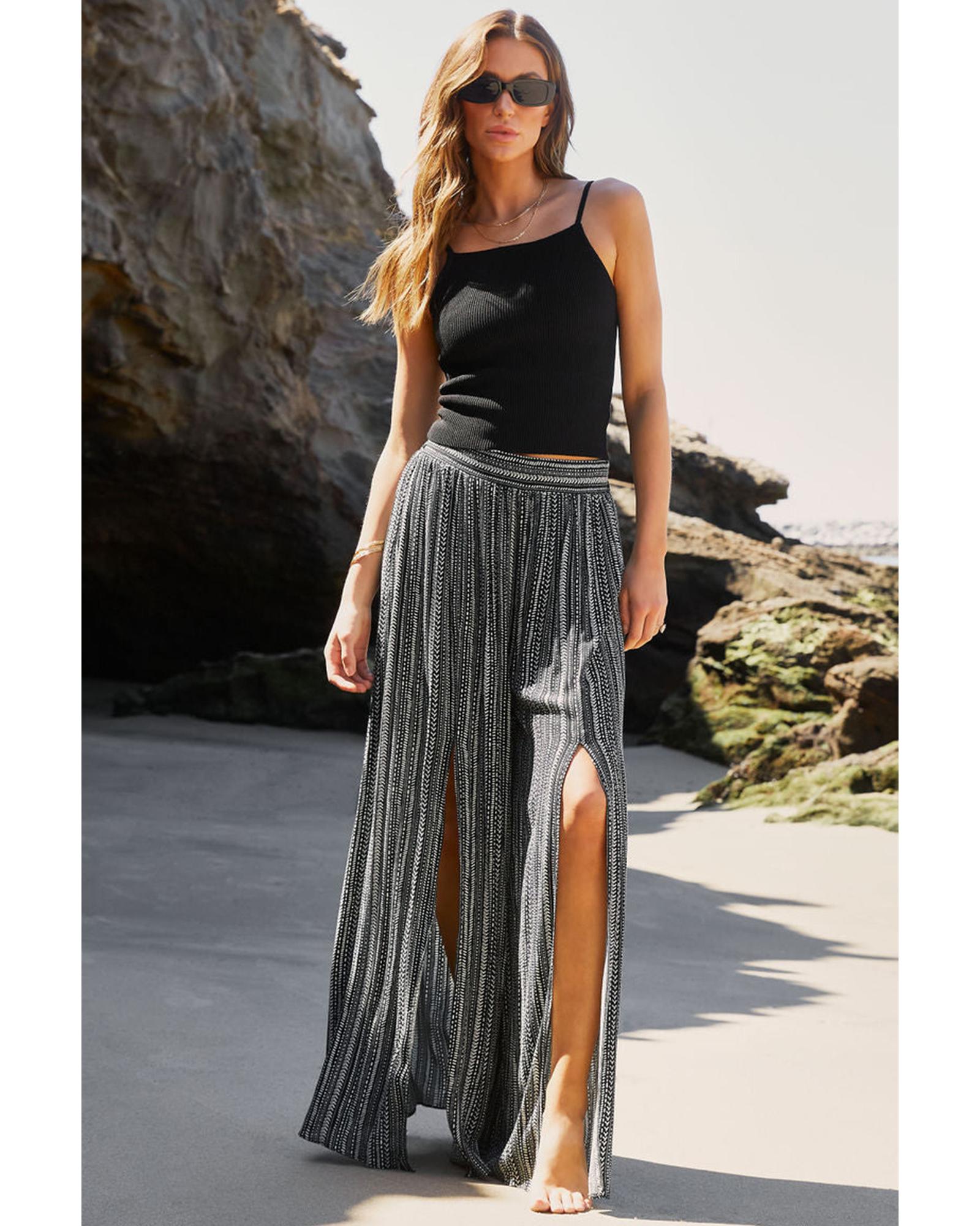 Black Printed Striped Printed Slit Wide Leg High Waist Pants - L 6