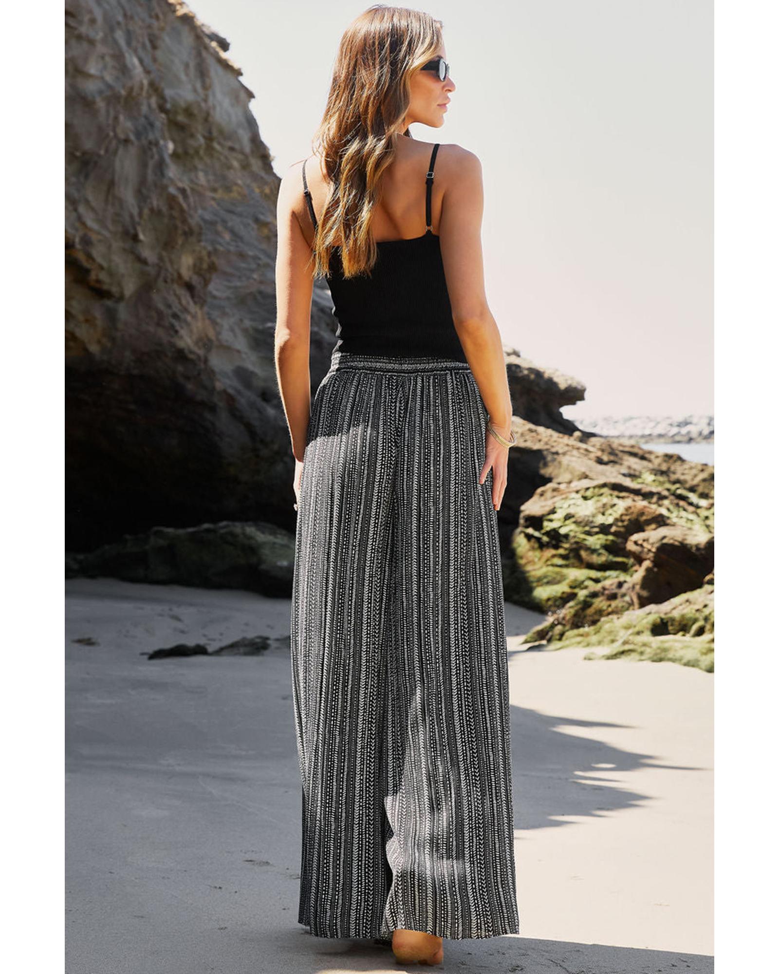 Black Printed Striped Printed Slit Wide Leg High Waist Pants - L 8