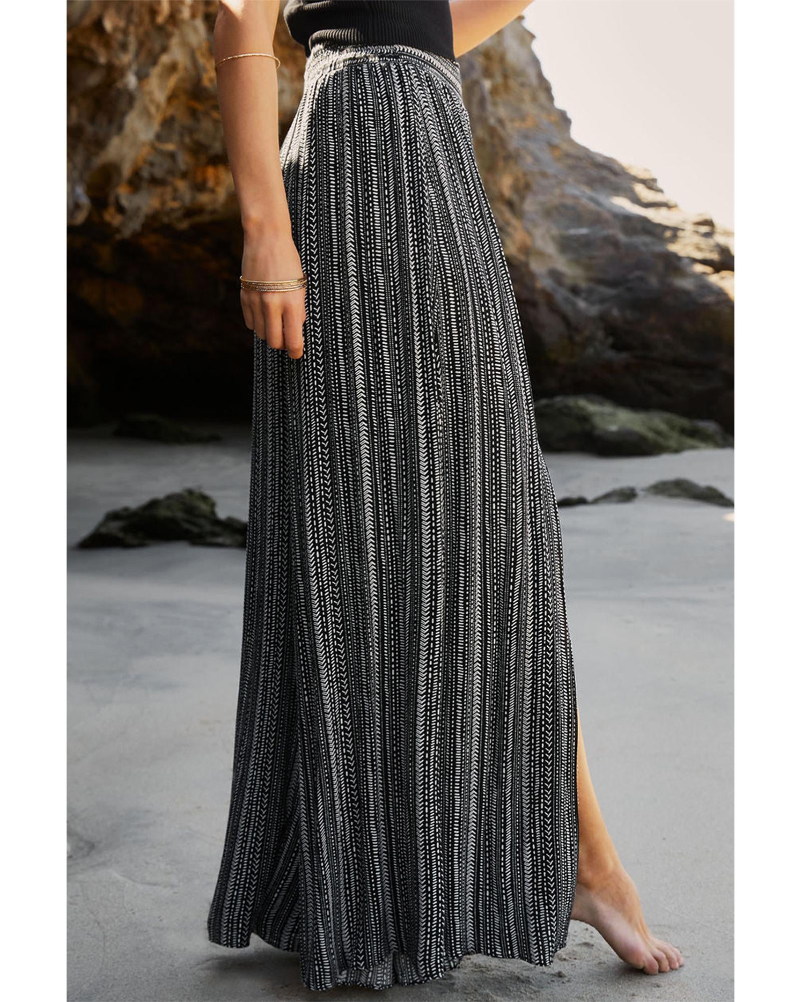 Black Printed Striped Printed Slit Wide Leg High Waist Pants - S