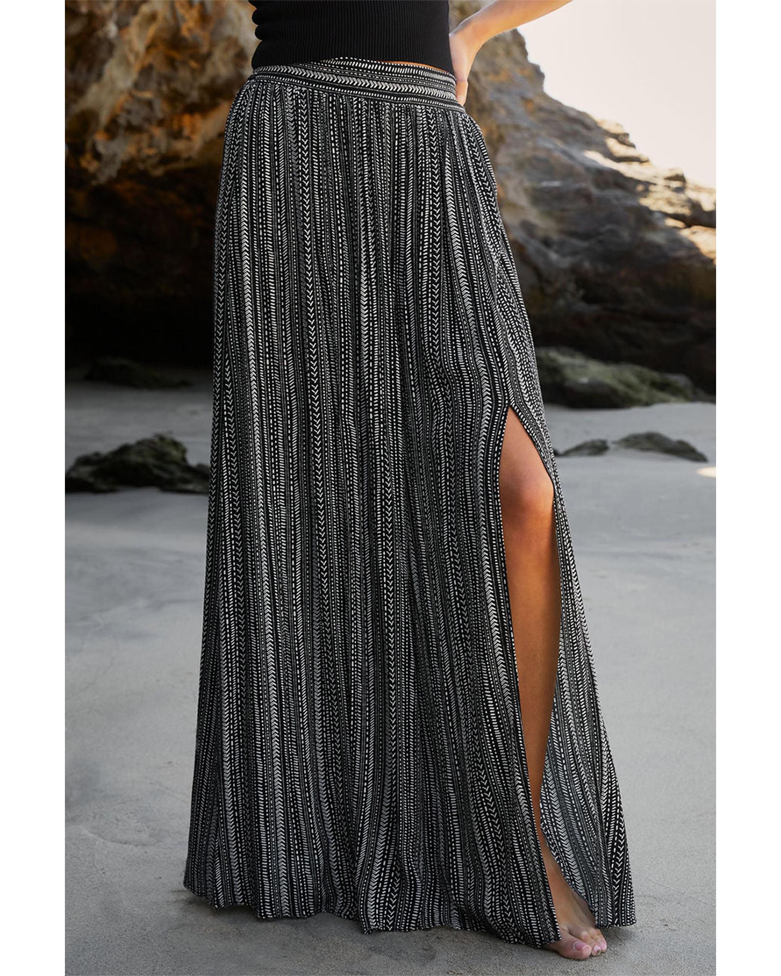 Black Printed Striped Printed Slit Wide Leg High Waist Pants - S 6