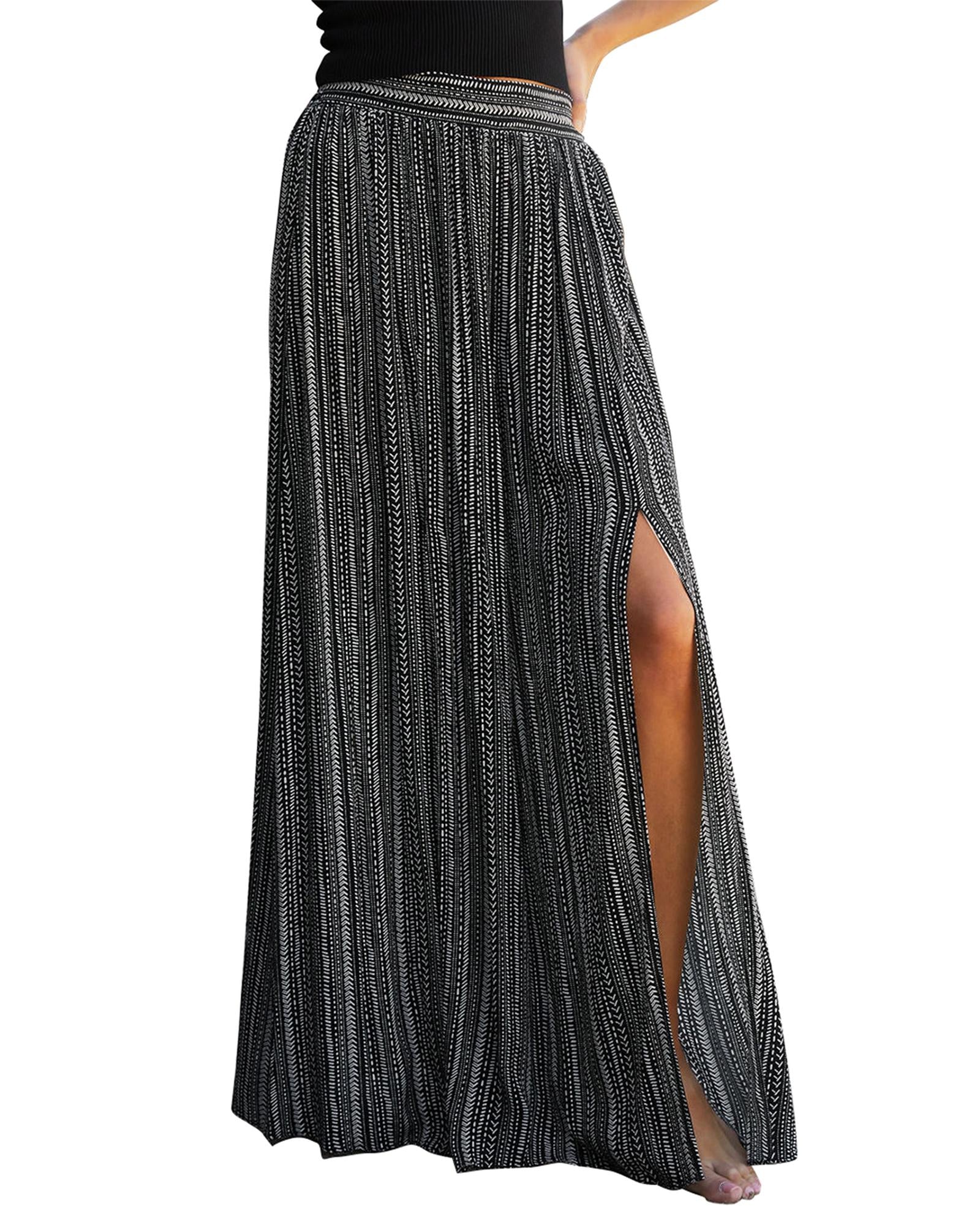 Black Printed Striped Printed Slit Wide Leg High Waist Pants - XL 4
