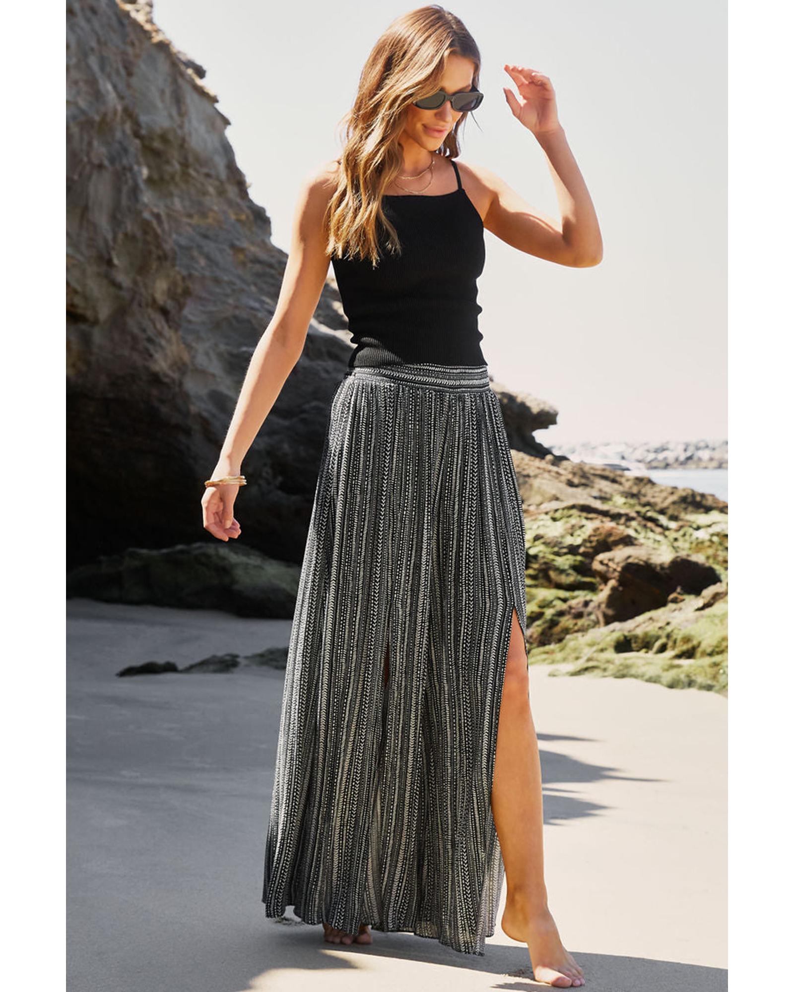Black Printed Striped Printed Slit Wide Leg High Waist Pants - XL 5