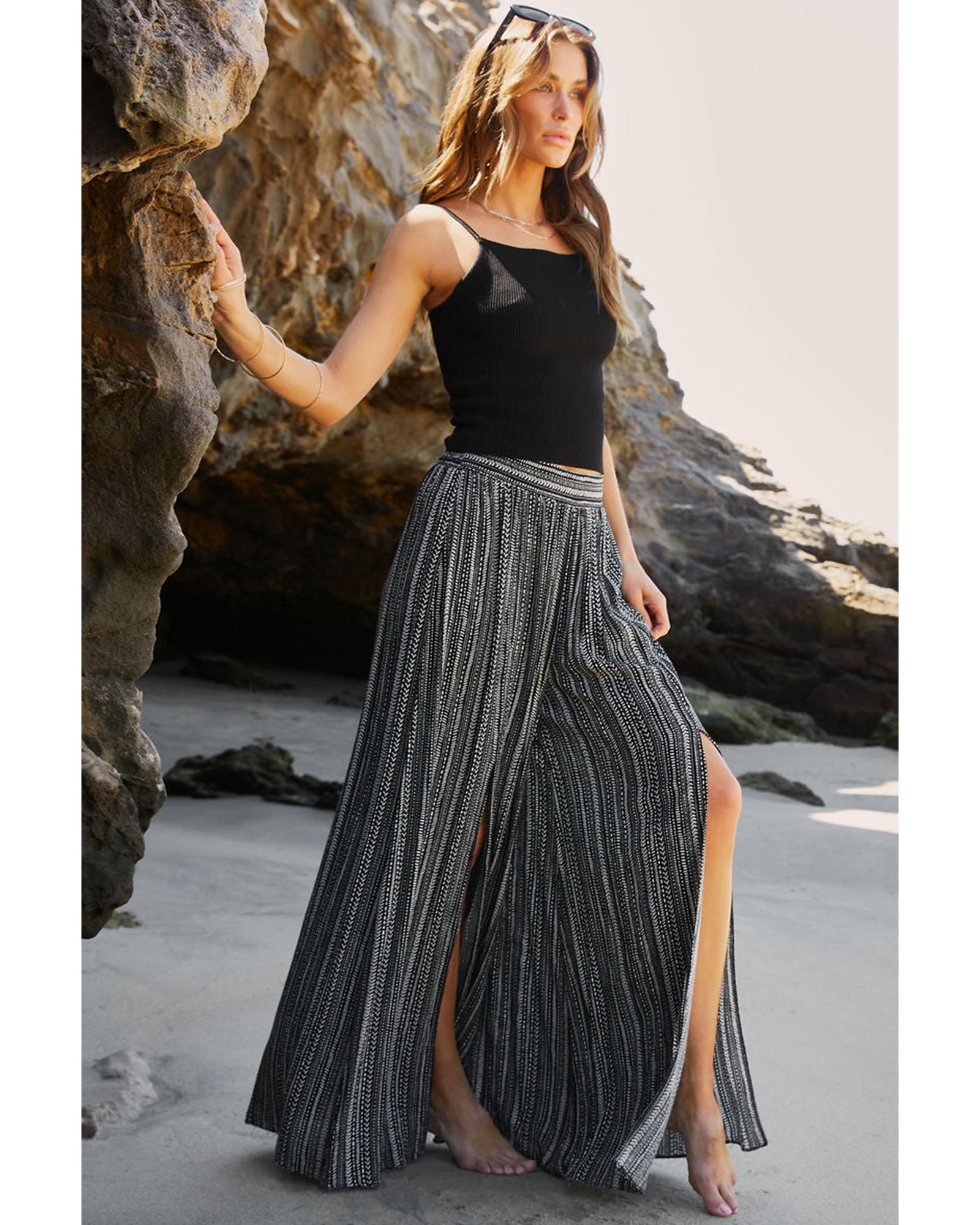 Black Printed Striped Printed Slit Wide Leg High Waist Pants - XL 7