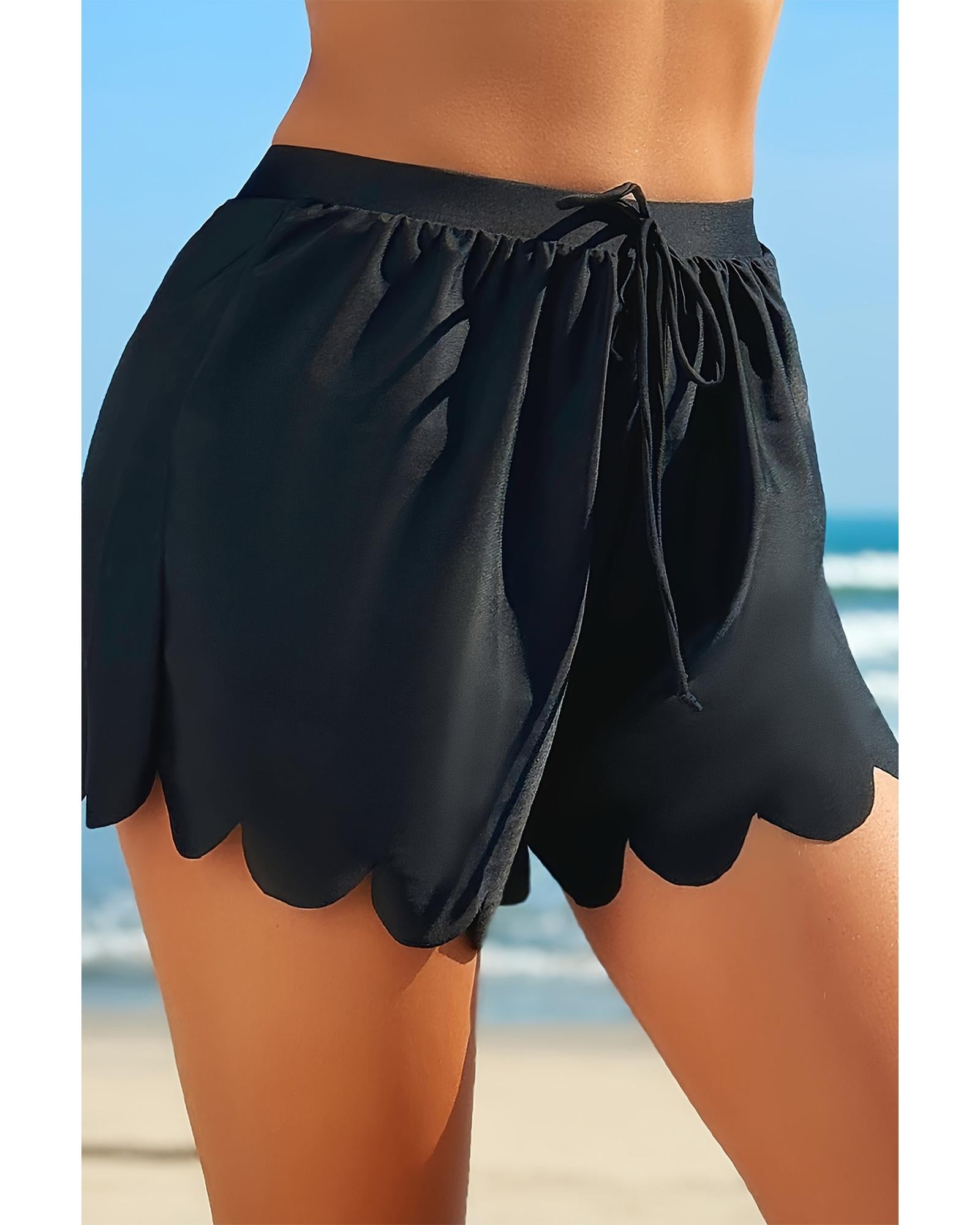 Black Scalloped Trim Beach Shorts - S 6
