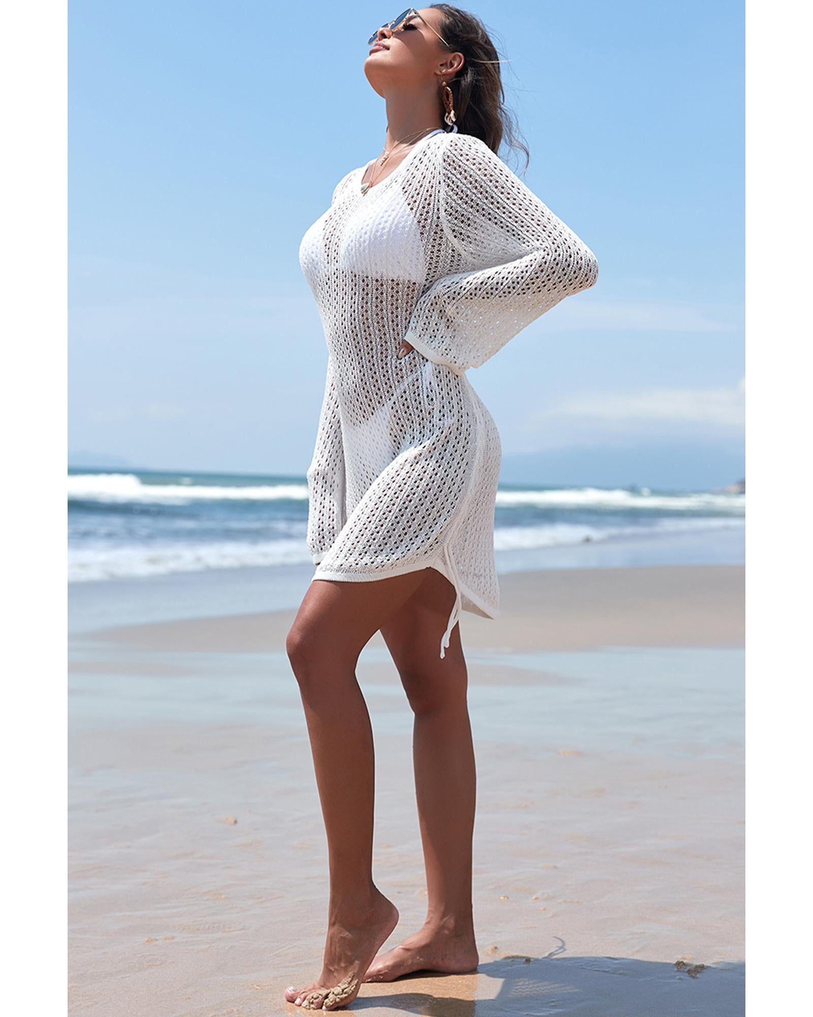 White Hollowout Knit Bell Sleeve Drawstring Short Beach dress - 2XL 6