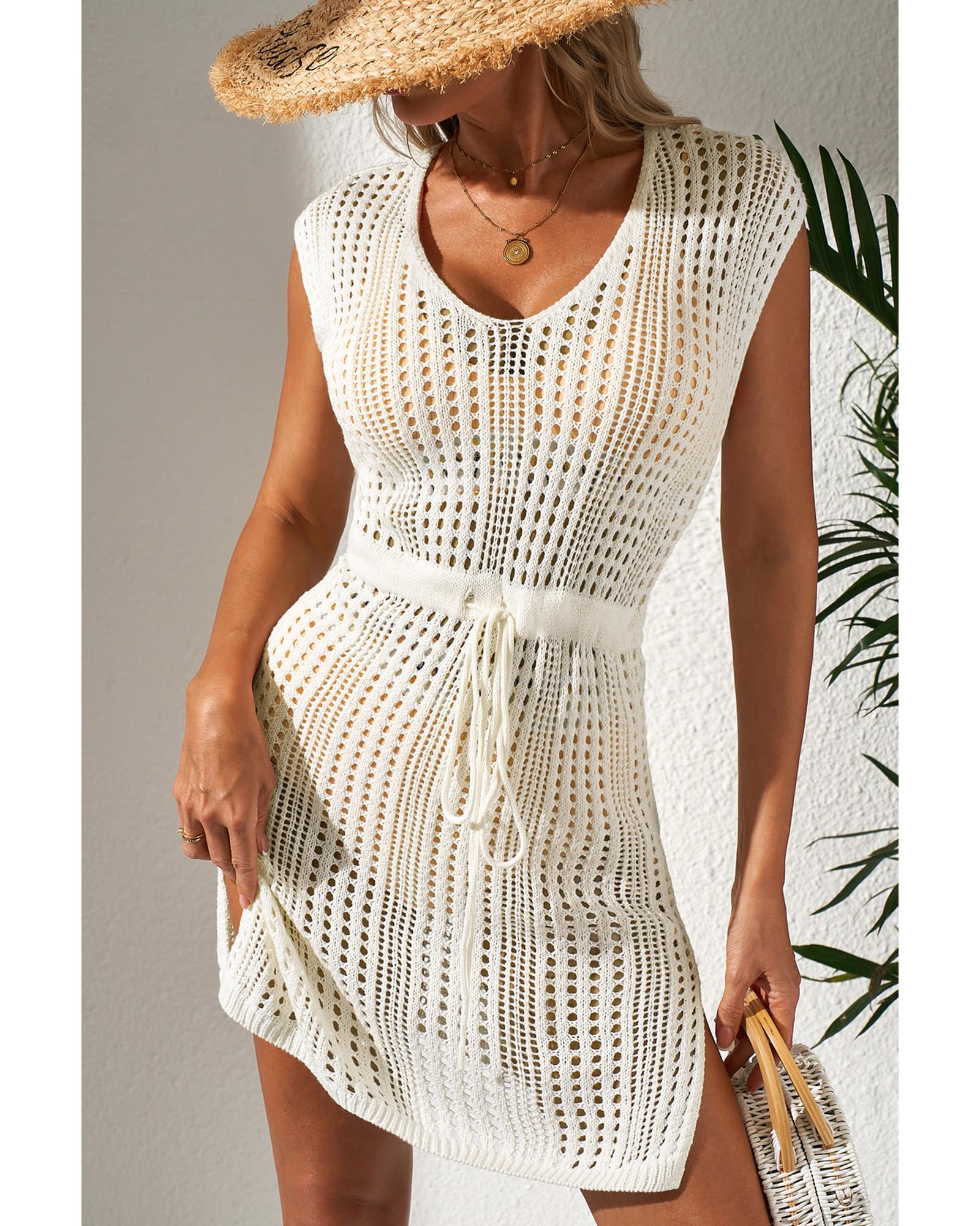 Beige Open Knit Drawstring Waist Beach Dress - M 5