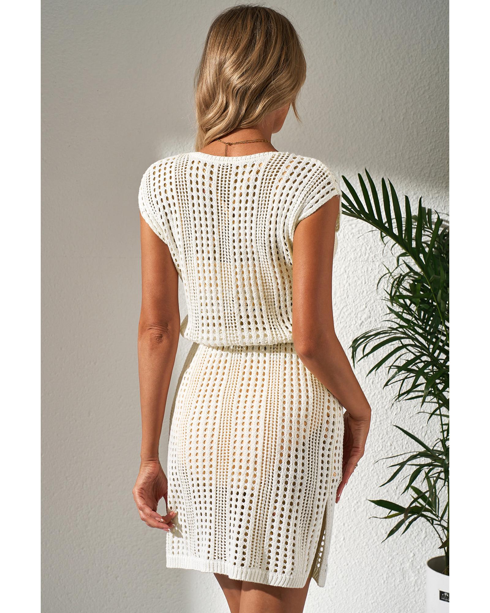 Beige Open Knit Drawstring Waist Beach Dress - M 6