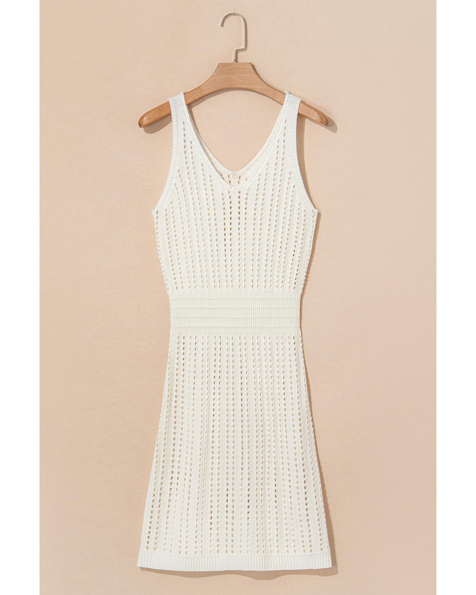White Eyelet Crochet Sleeveless V Neck Beach Dress - S 3