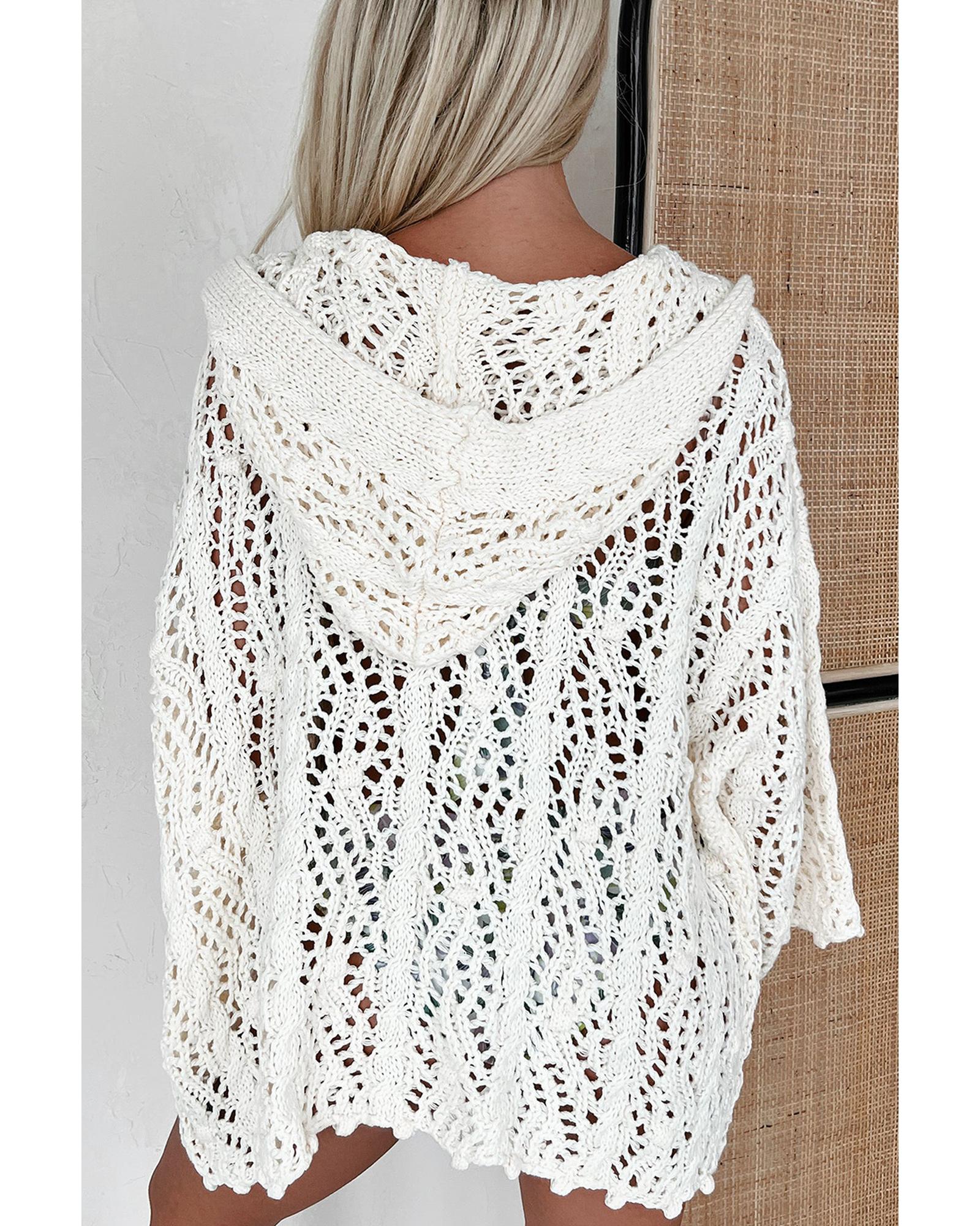 White Fashion Open Knit Hooded Beach Cover Up - S 5