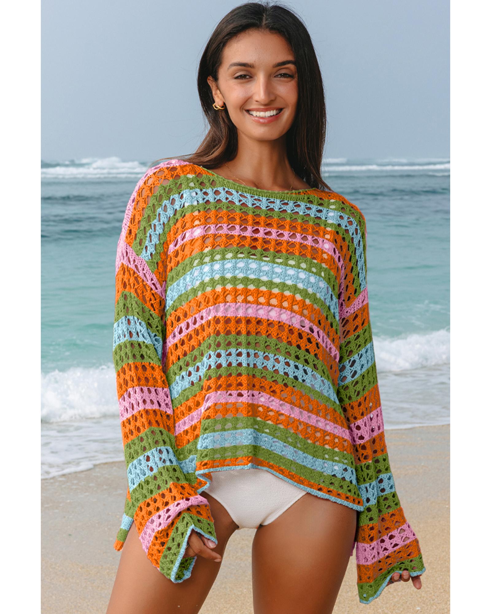 Carrot Multi Stripe Open Knit Sweater Beach Cover Up - M 3