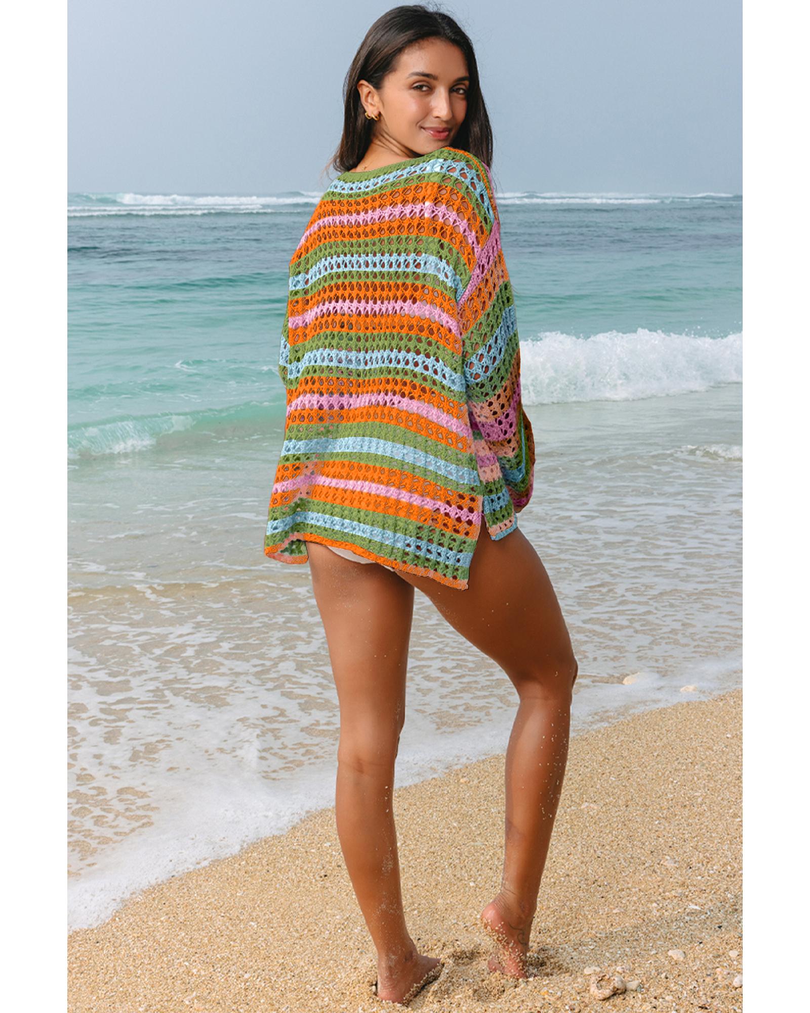Carrot Multi Stripe Open Knit Sweater Beach Cover Up - XL
