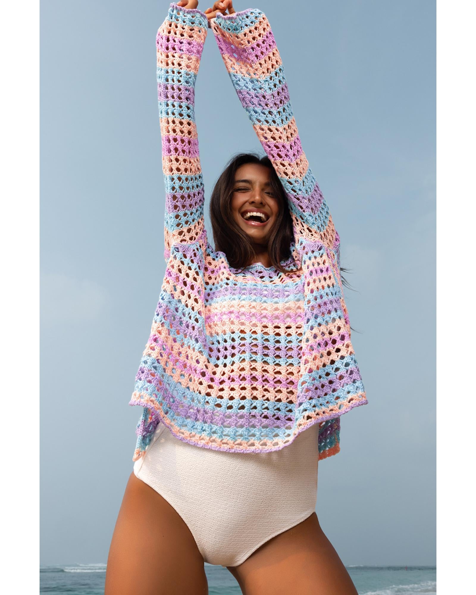 Purple Multi Stripe Open Knit Sweater Beach Cover Up - M 4