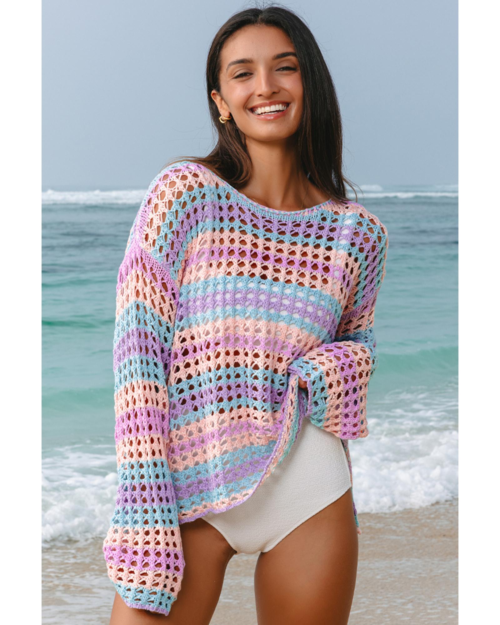 Purple Multi Stripe Open Knit Sweater Beach Cover Up - M 5