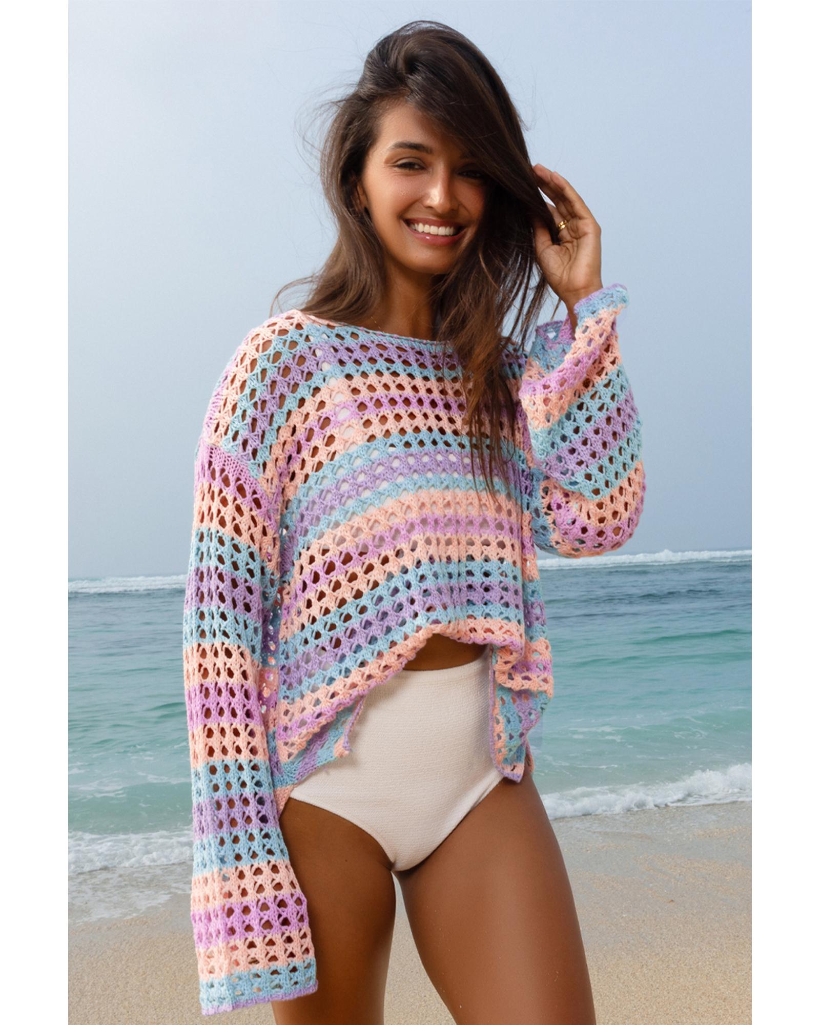 Purple Multi Stripe Open Knit Sweater Beach Cover Up - M 7