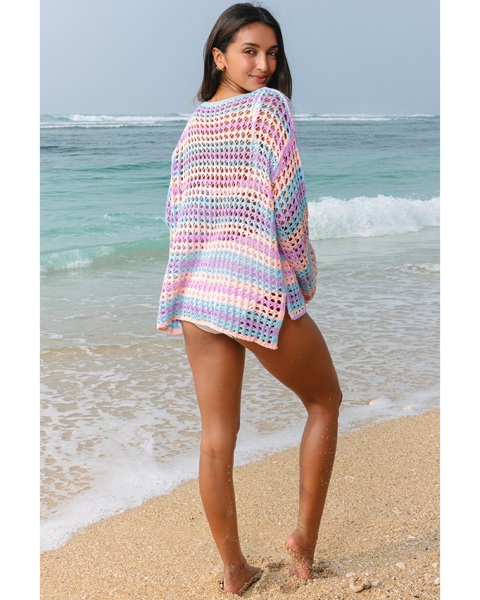 Purple Multi Stripe Open Knit Sweater Beach Cover Up - S
