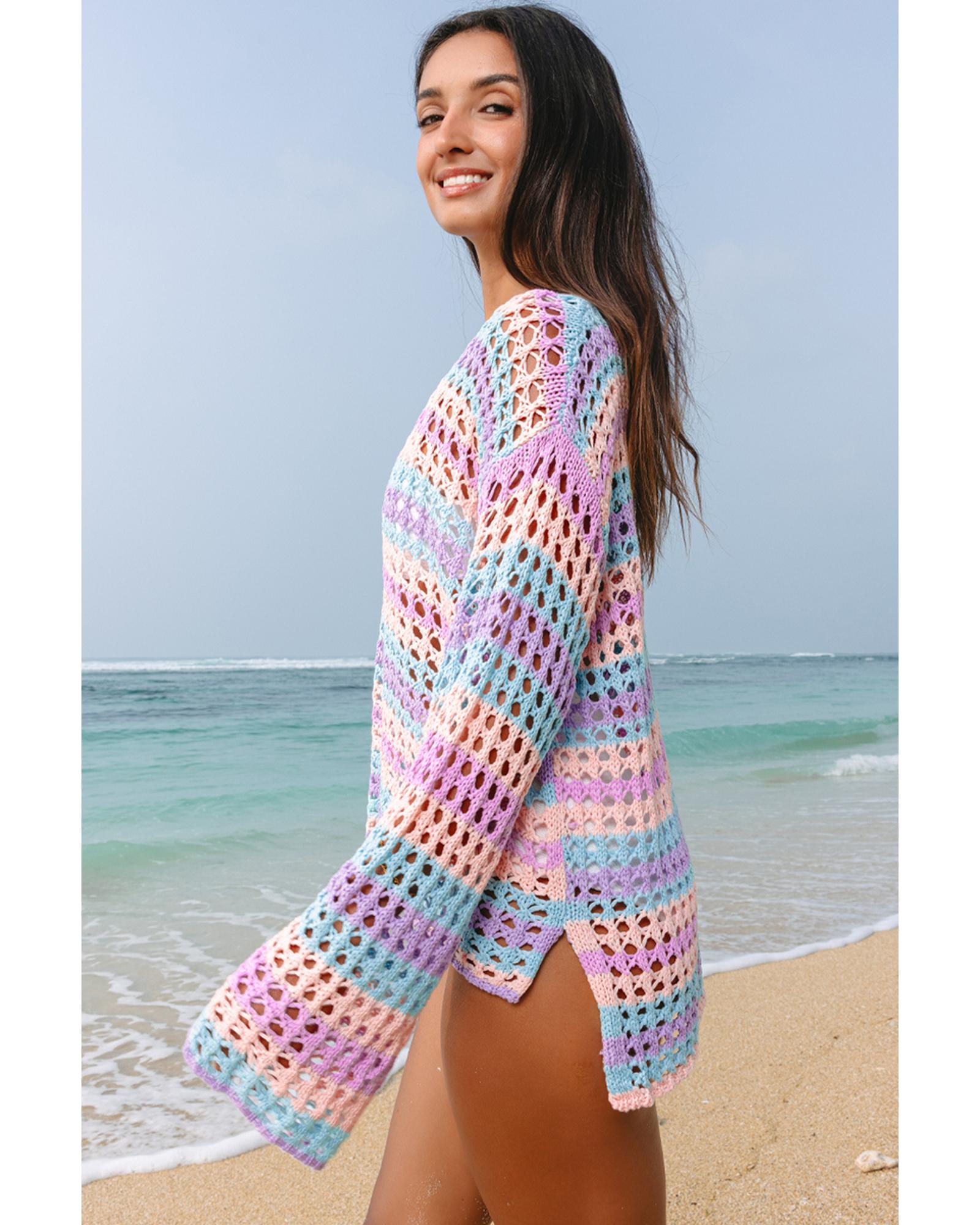 Purple Multi Stripe Open Knit Sweater Beach Cover Up - XL