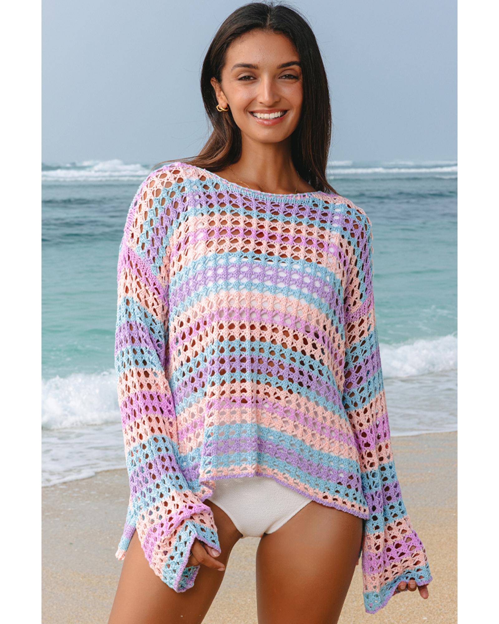 Purple Multi Stripe Open Knit Sweater Beach Cover Up - XL 5