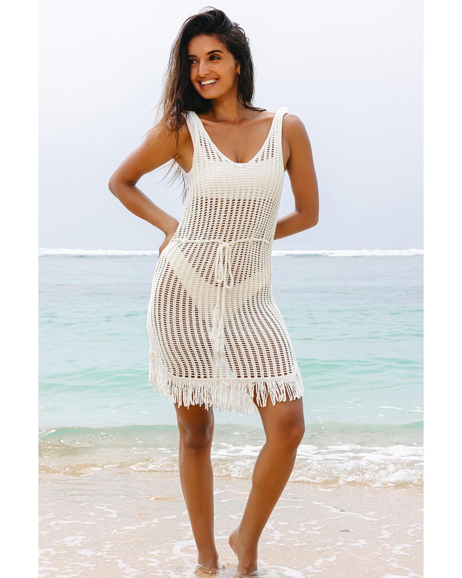 White Crochet Fishnet Fringed Edge V Neck Beach Cover Up - L 7