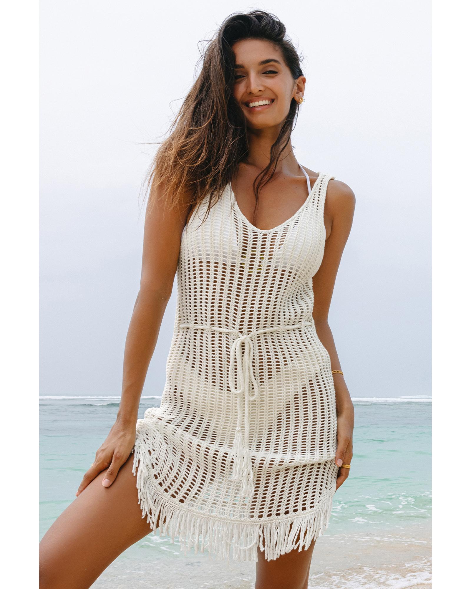 White Crochet Fishnet Fringed Edge V Neck Beach Cover Up - M