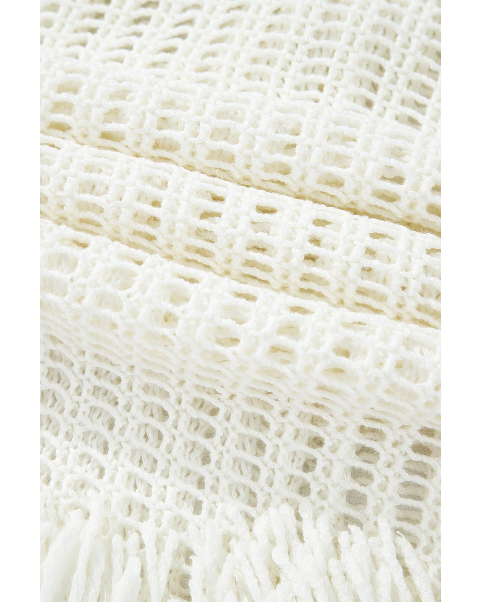 White Crochet Fishnet Fringed Edge V Neck Beach Cover Up - XL 5