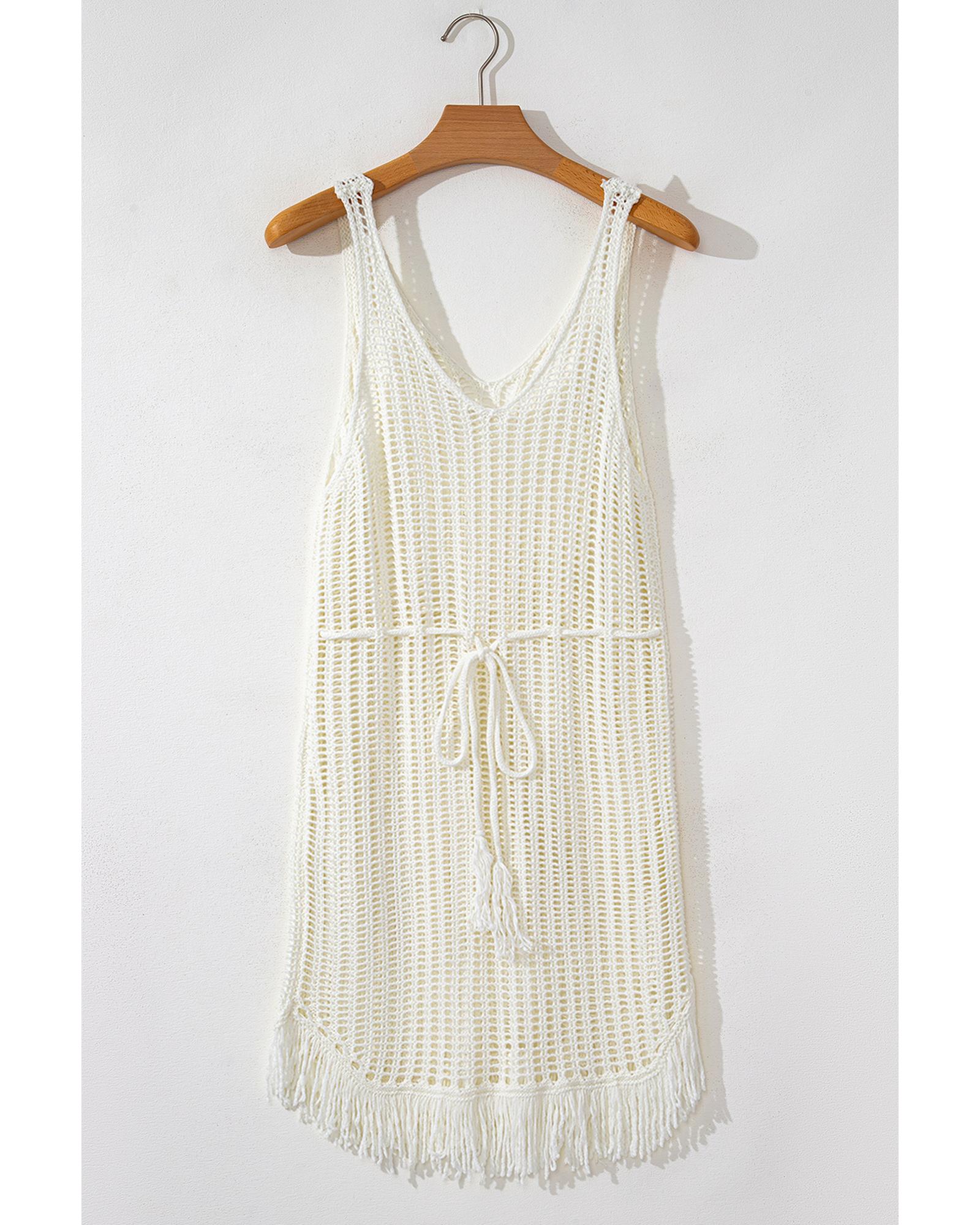 White Crochet Fishnet Fringed Edge V Neck Beach Cover Up - XL 8