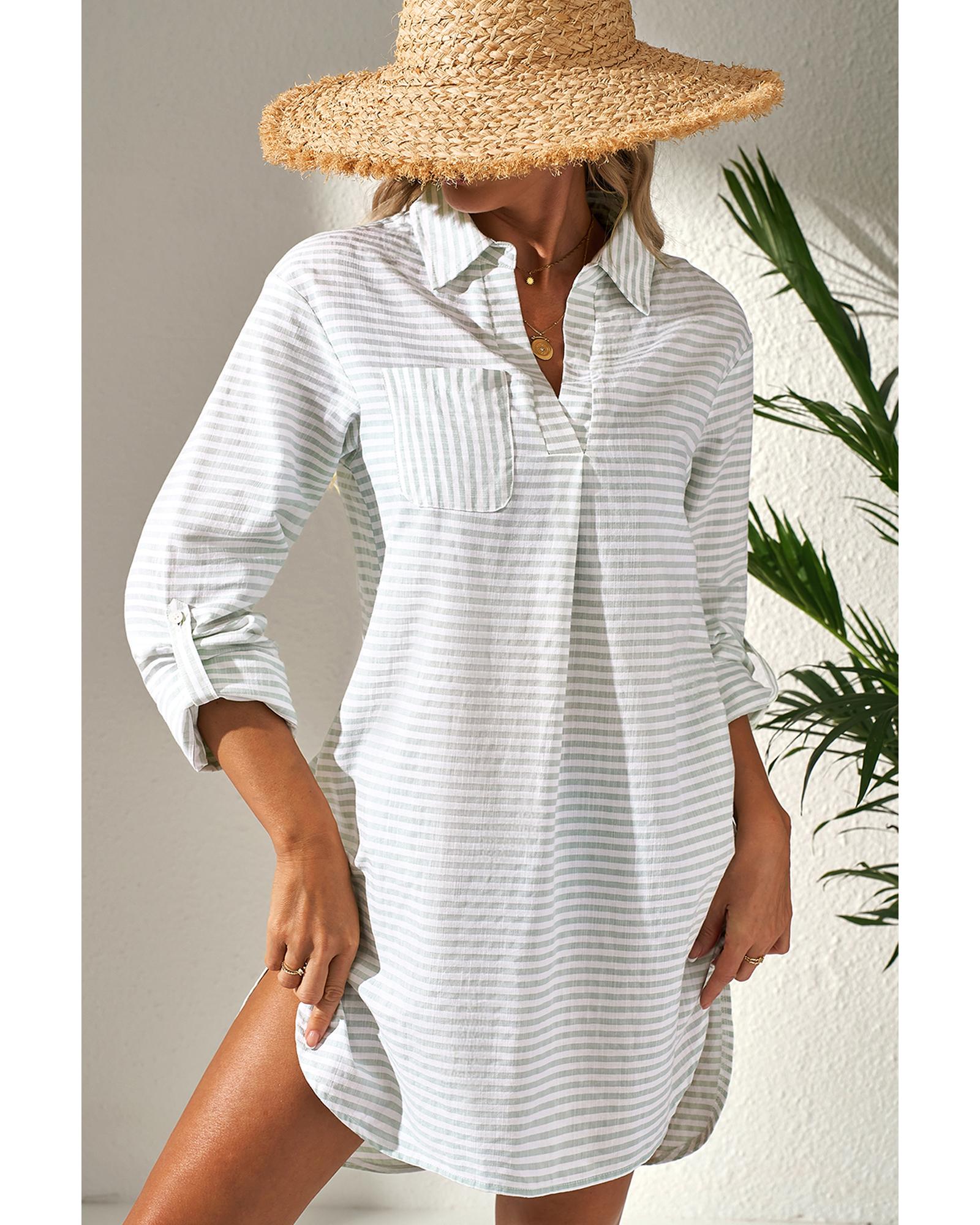 White Stripe Collared V Neck Chest Pocket Long Sleeve Beach Cover up - L
