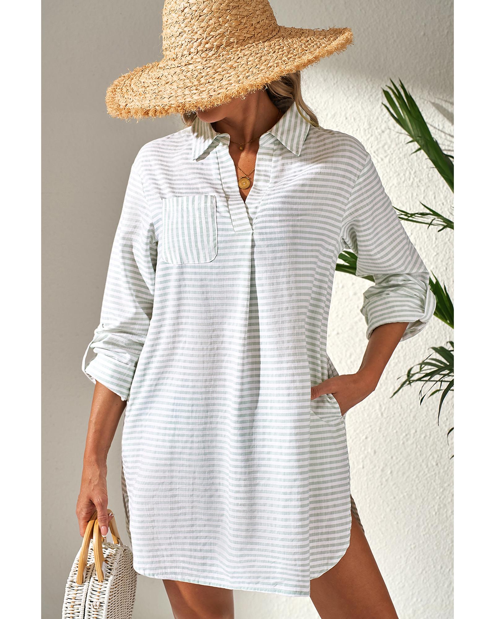 White Stripe Collared V Neck Chest Pocket Long Sleeve Beach Cover up - L 4