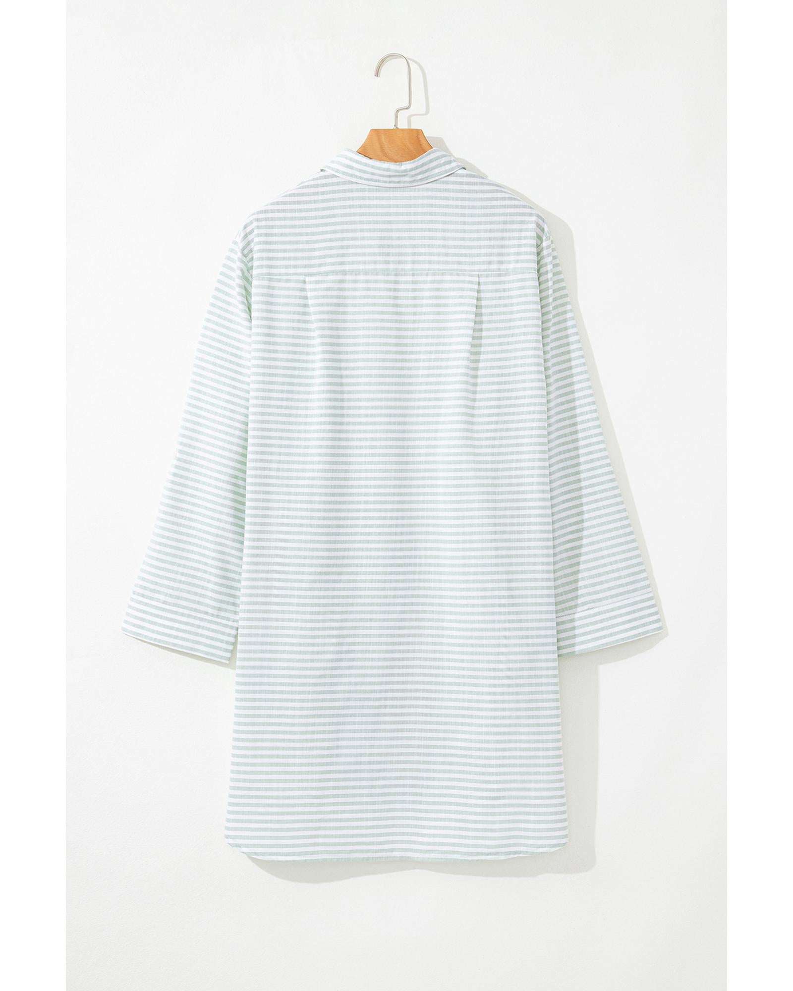 White Stripe Collared V Neck Chest Pocket Long Sleeve Beach Cover up - L 5