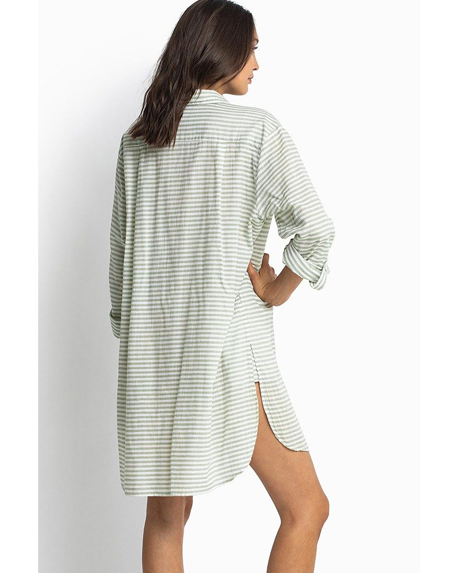 White Stripe Collared V Neck Chest Pocket Long Sleeve Beach Cover up - M 6