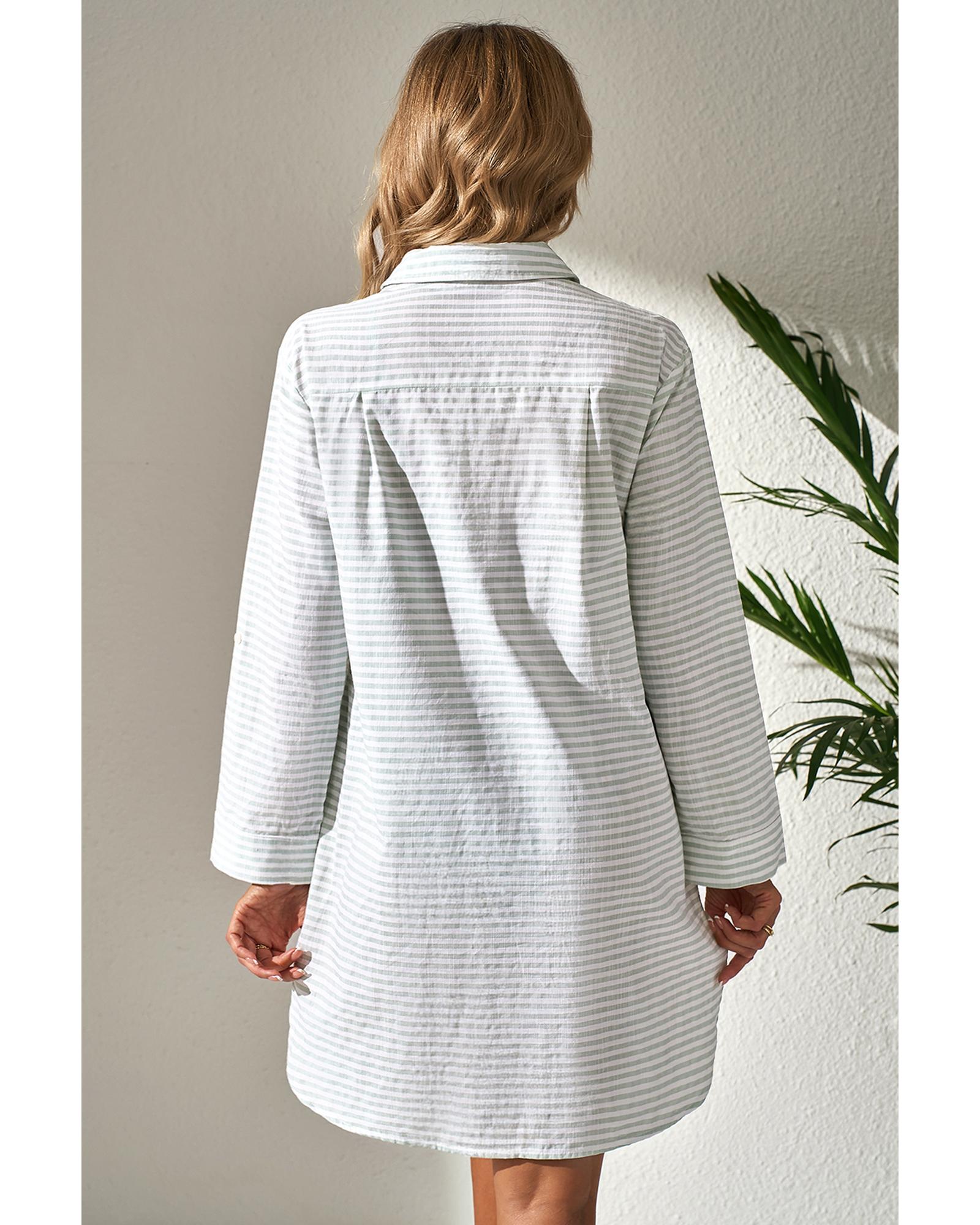 White Stripe Collared V Neck Chest Pocket Long Sleeve Beach Cover up - S