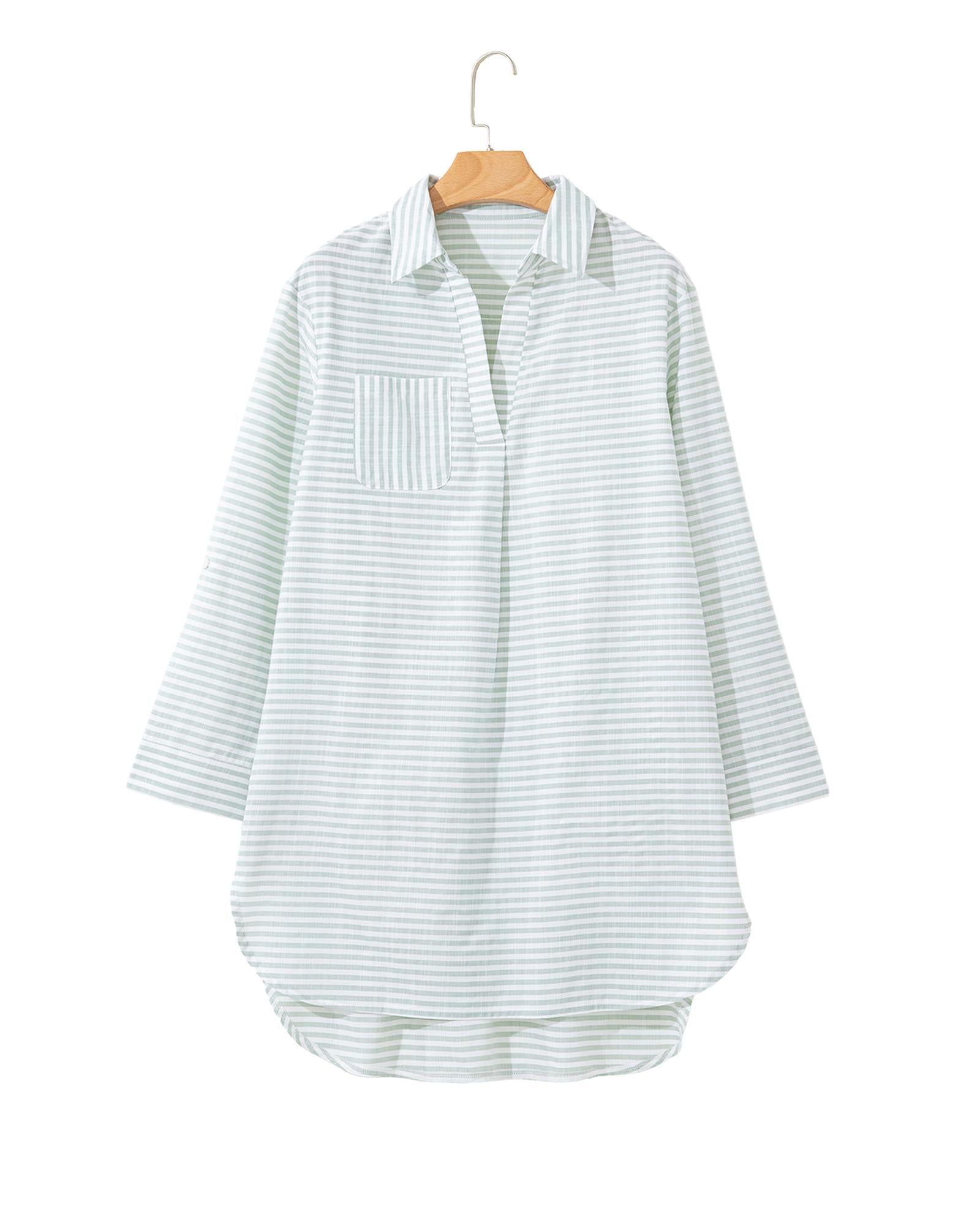 White Stripe Collared V Neck Chest Pocket Long Sleeve Beach Cover up - S 8
