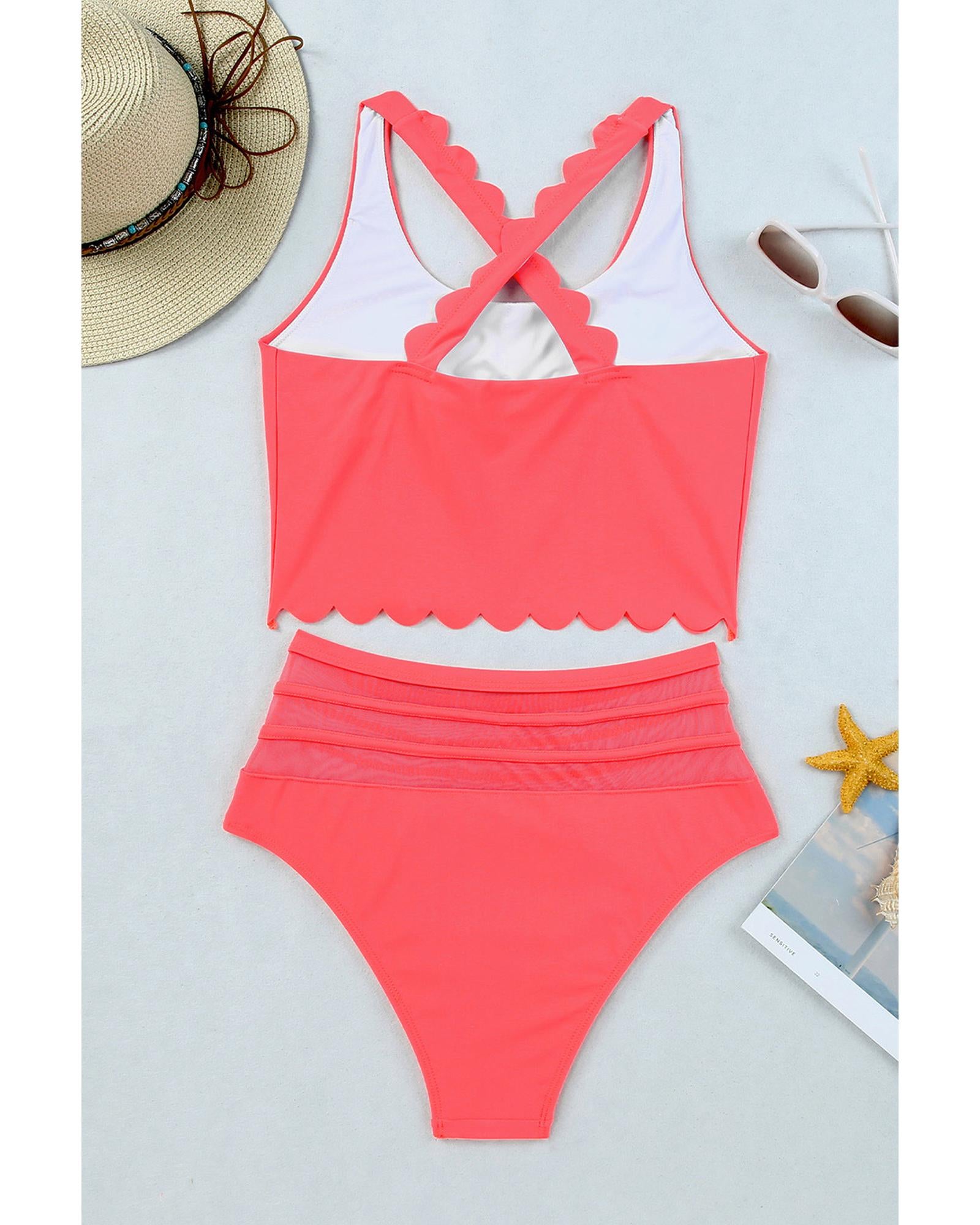 Azura Exchange Pink Scalloped Criss Cross High Waist Bikini - S 3