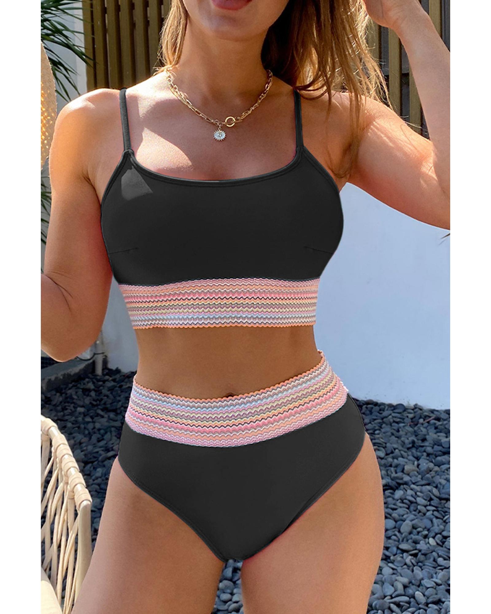 Black Striped Patchwork Spaghetti Strap High Waist Bikini Swimsuit - L