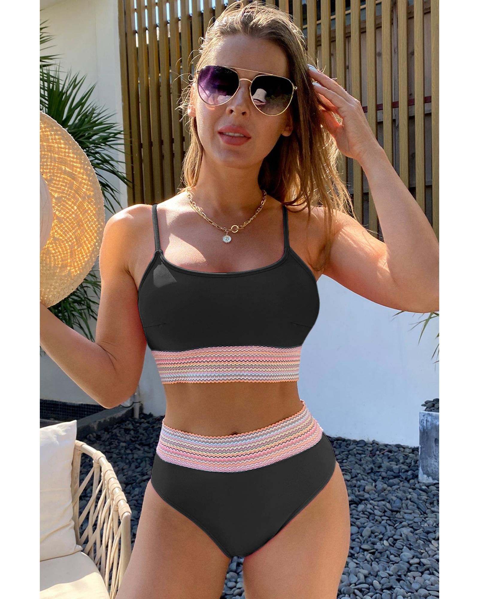 Black Striped Patchwork Spaghetti Strap High Waist Bikini Swimsuit - M 4