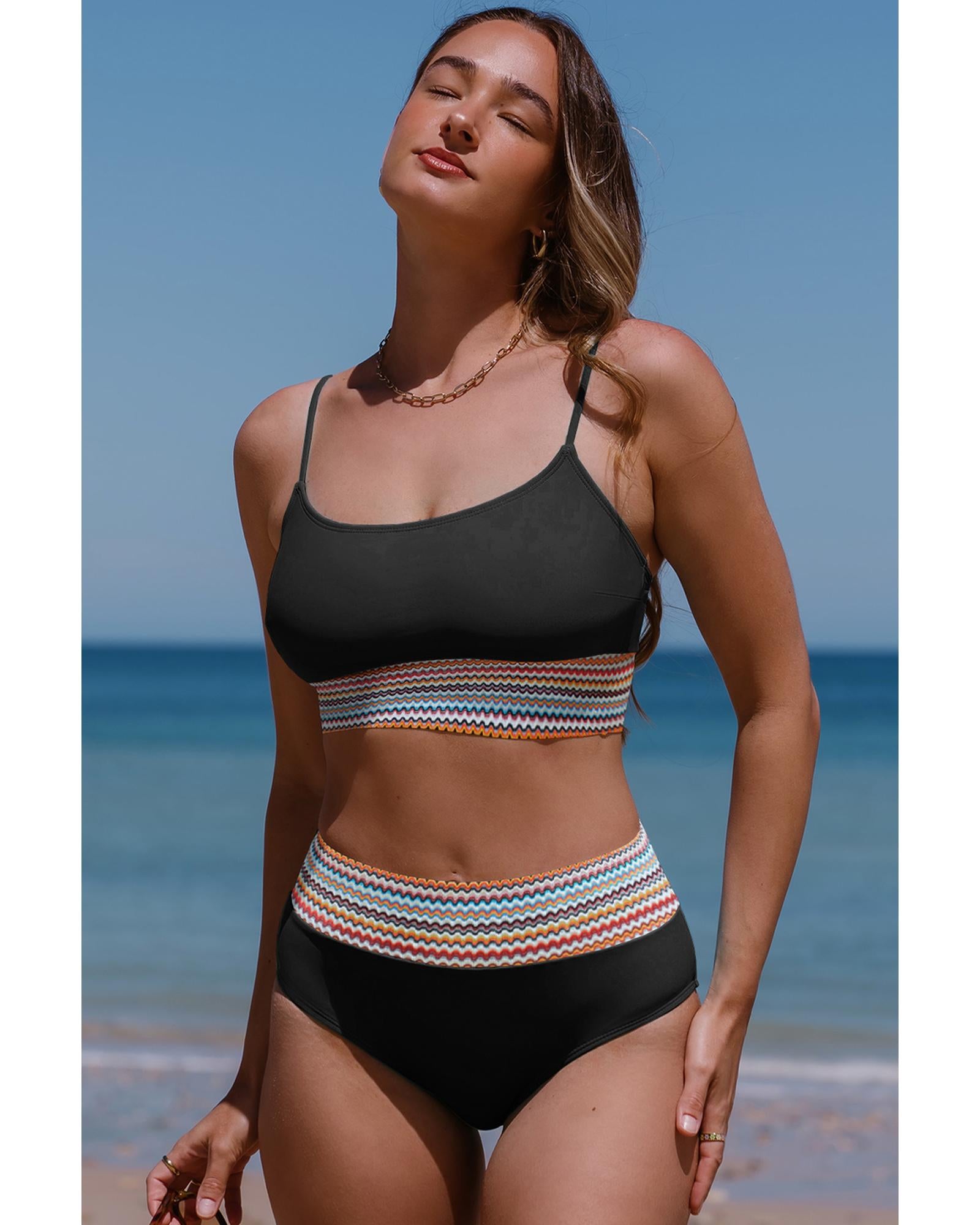 Black Striped Patchwork Spaghetti Strap High Waist Bikini Swimsuit - M 5