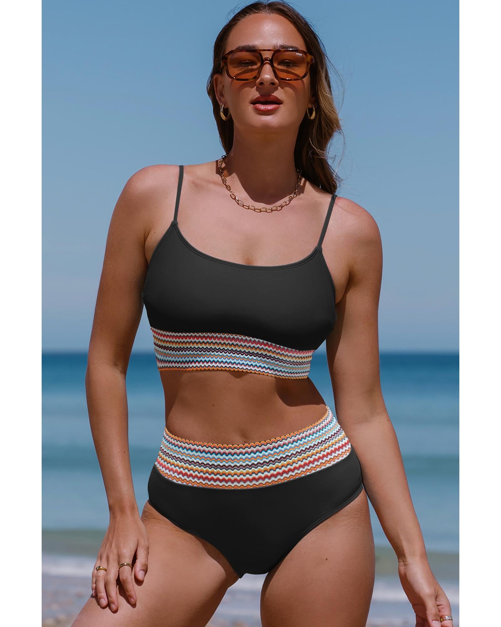 Black Striped Patchwork Spaghetti Strap High Waist Bikini Swimsuit - M 8